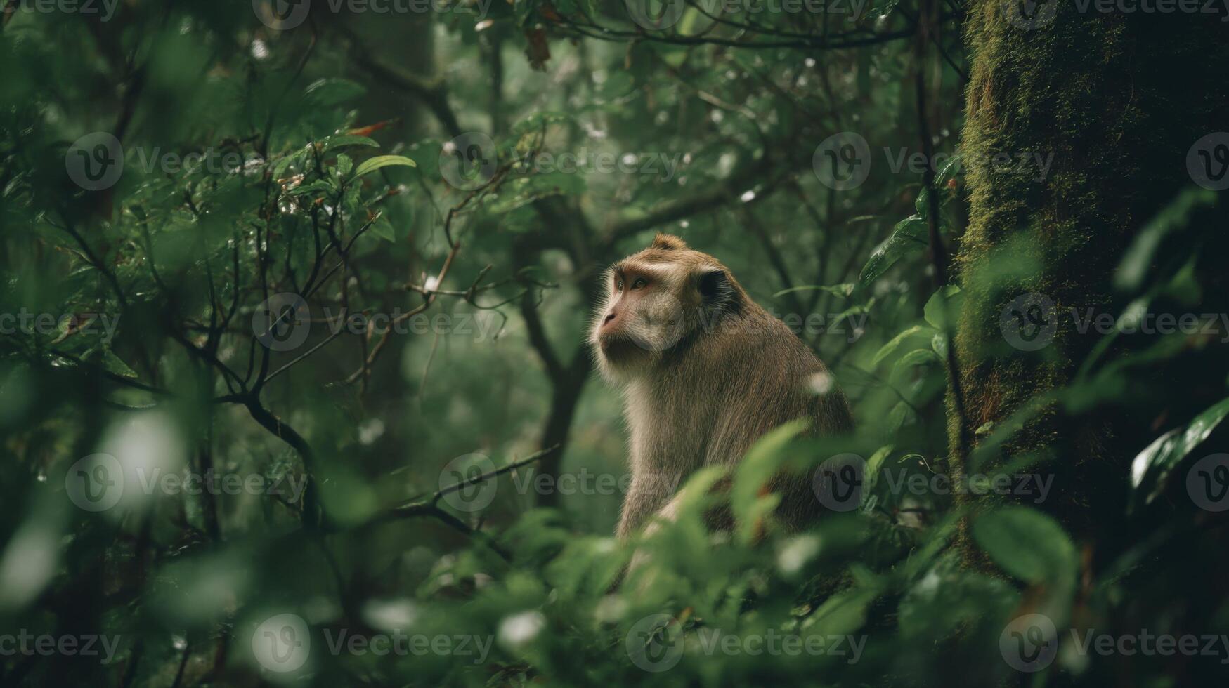 Monkey sitting peacefully in a lush green jungle surrounded by dense foliage and vibrant nature in a tranquil environment photo