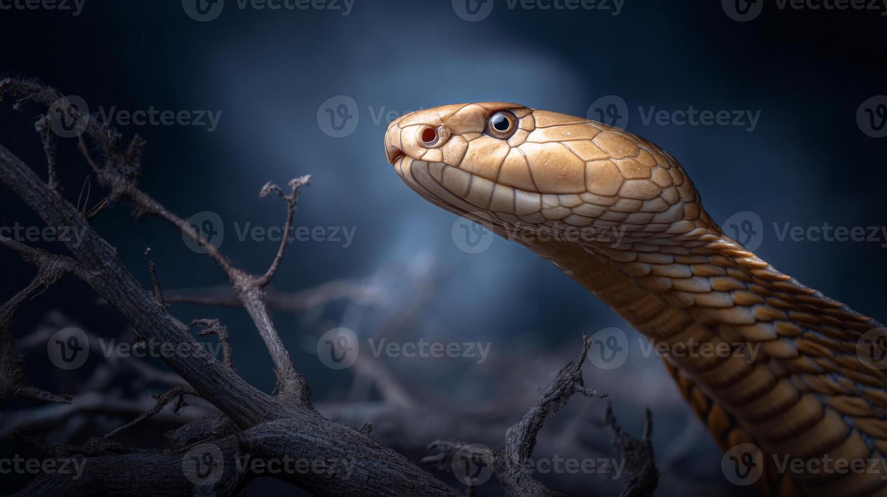 Close-up of a beautiful snake head with intricate scales, showcasing its elongated body and watchful eyes in a dark environment photo