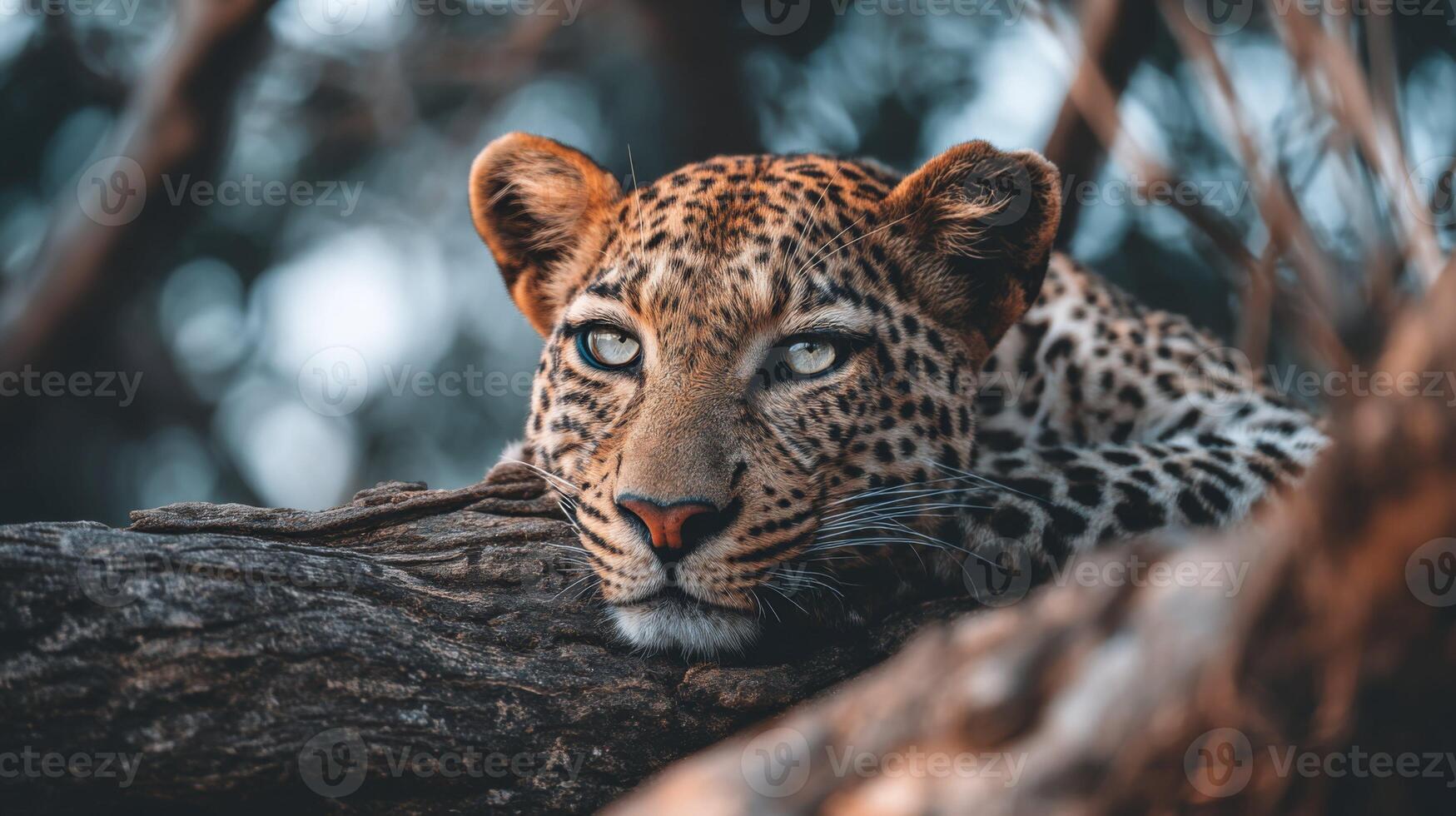 Majestic leopard resting on a branch in natural habitat, showcasing beautiful fur patterns and intense gaze in soft light photo