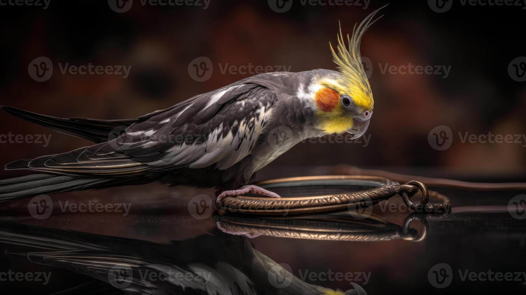 Vibrant Cockatiel Bird Paying Attention While Perched on a Bronze Object With Glossy Reflection in Soft Lighting photo