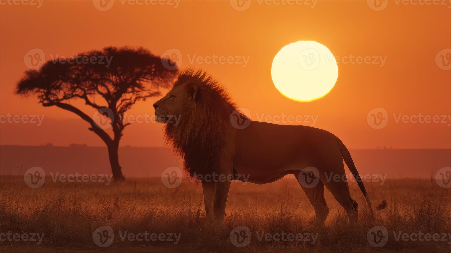 Majestic lion standing proudly in golden grasslands under a vibrant sunset with a silhouette of an acacia tree in the background photo