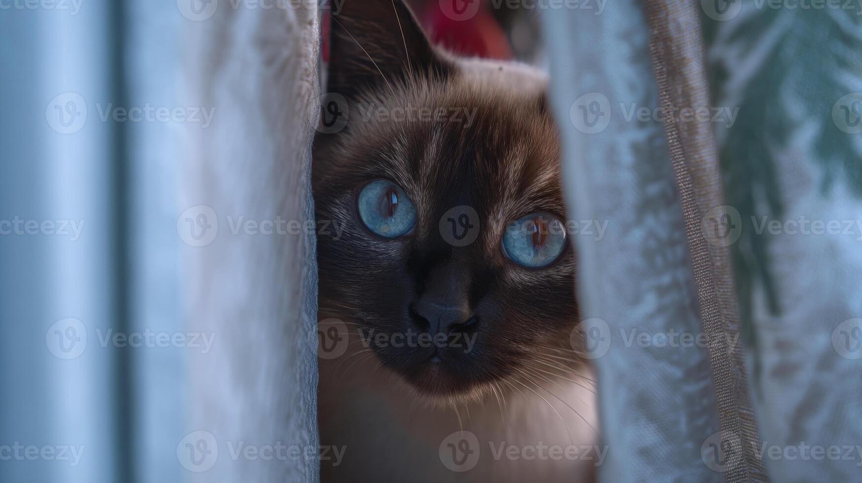 Curious feline peeking through soft curtains with striking blue eyes and delicate features in warm indoor lighting photo