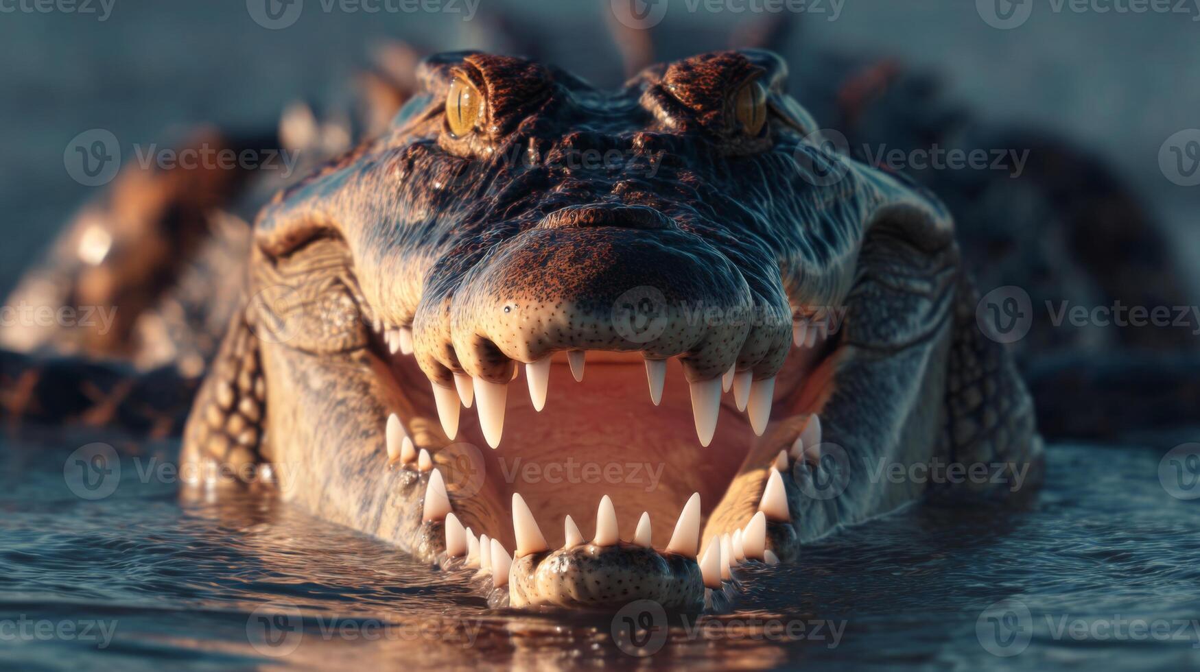 Close-up View of a Large Alligator with Sharp Teeth Emerging from the Water in a Natural Habitat Setting During Daylight photo