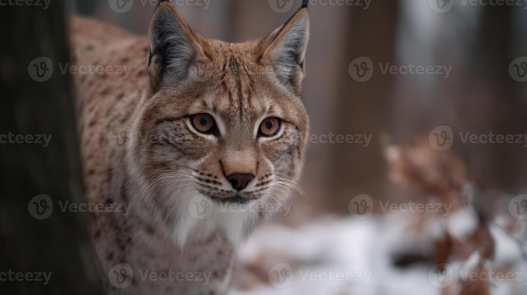 Close-Up of Lynx in Snowy Forest During Winter Season with Soft Focus on Expression and Natural Habitat photo