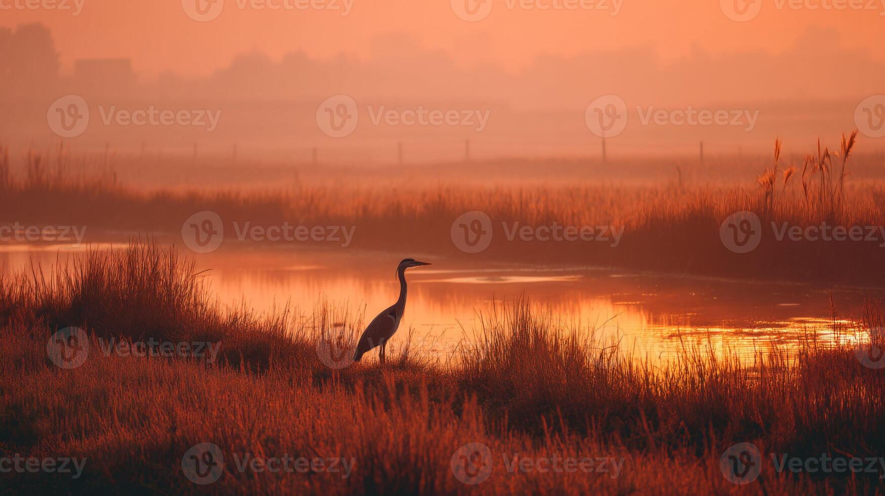 Serene Early Morning Landscape with Heron Silhouette Undersoft Orange Sky Reflected in Calm Water at Marsh photo