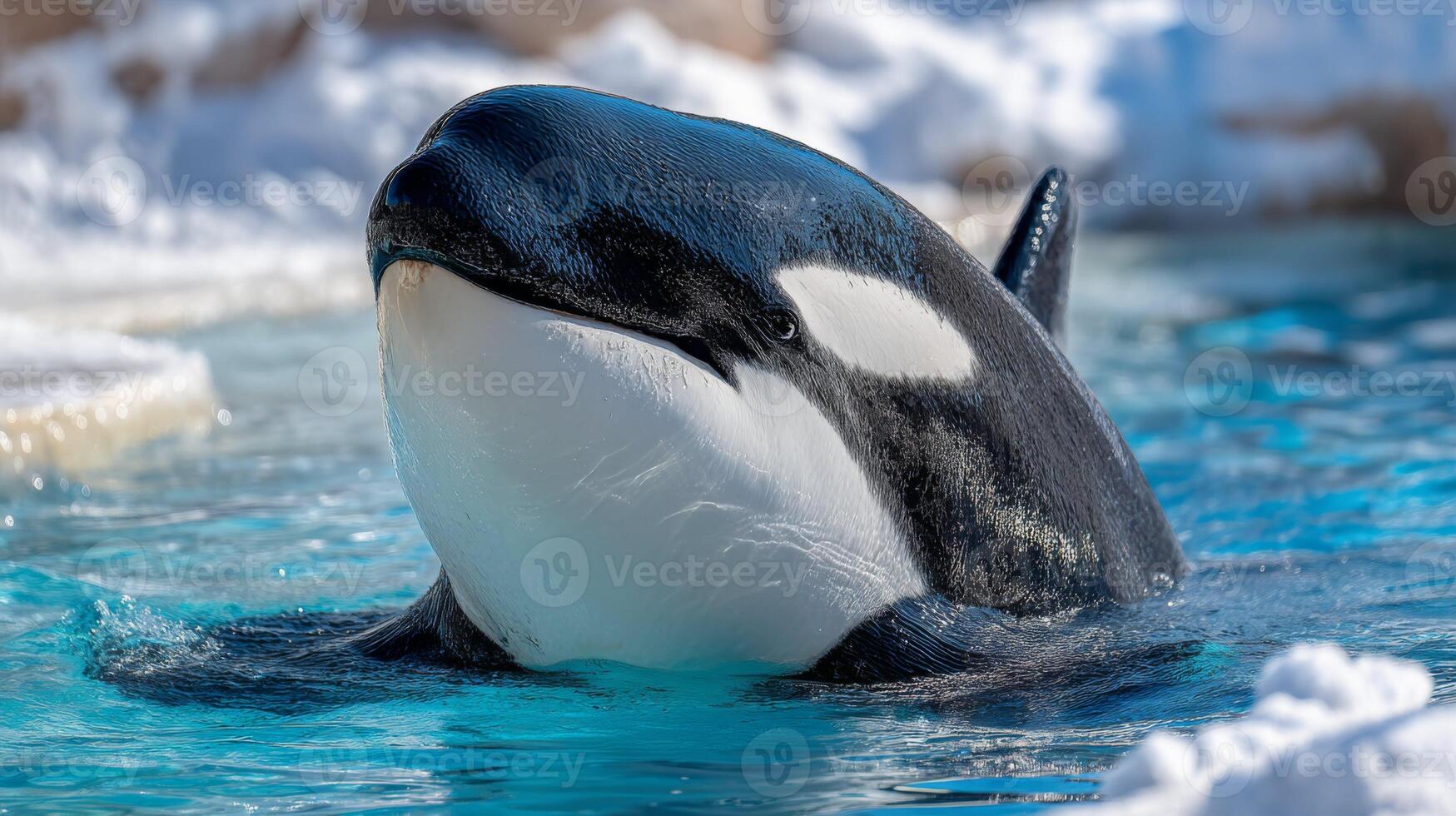 Majestic Orca Swimming Gracefully in Crystal Clear Water with Icy Background and Glimmering Light Reflections photo