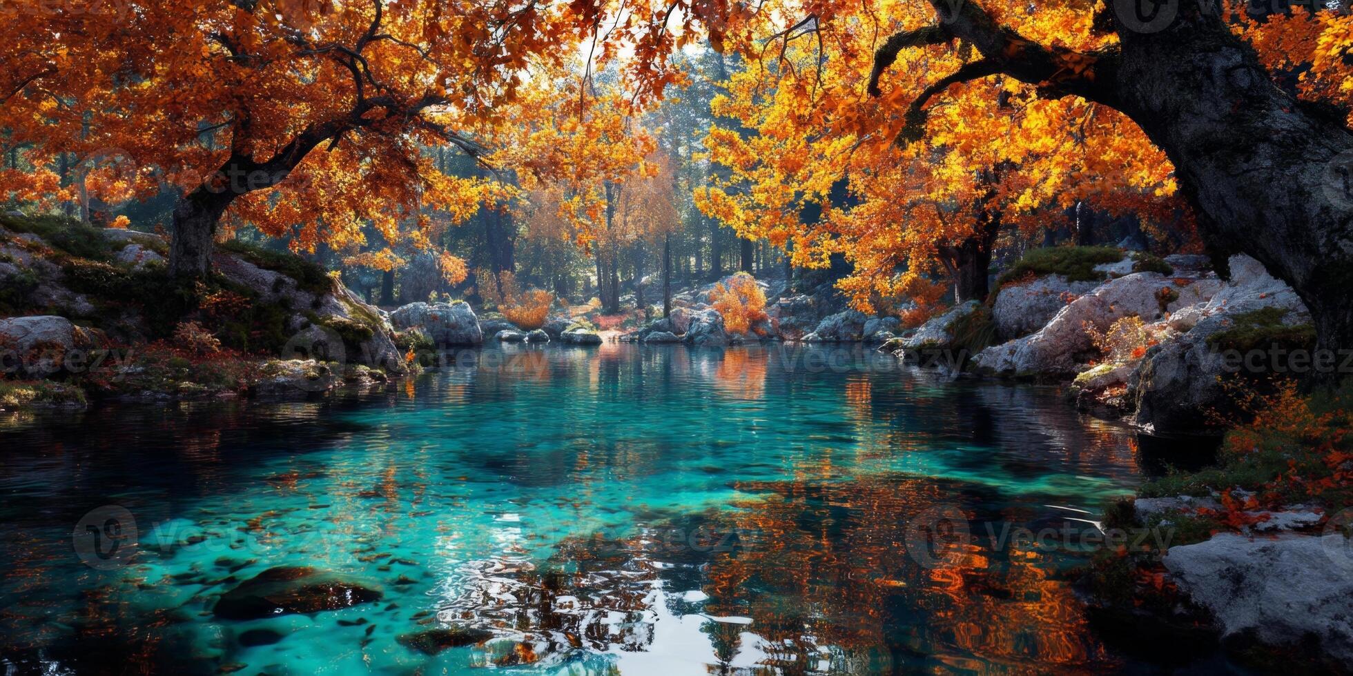 Serene Autumn Landscape with Vibrant Orange Foliage Reflecting in Calm Blue Lake Surrounded by Peaceful Trees and Stones photo