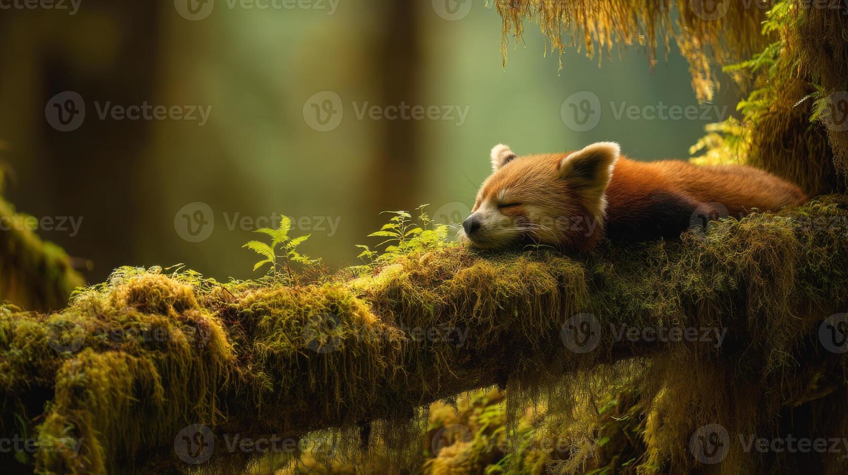 Red panda resting peacefully on a moss-covered log in a serene forest setting surrounded by soft, natural light and greenery photo