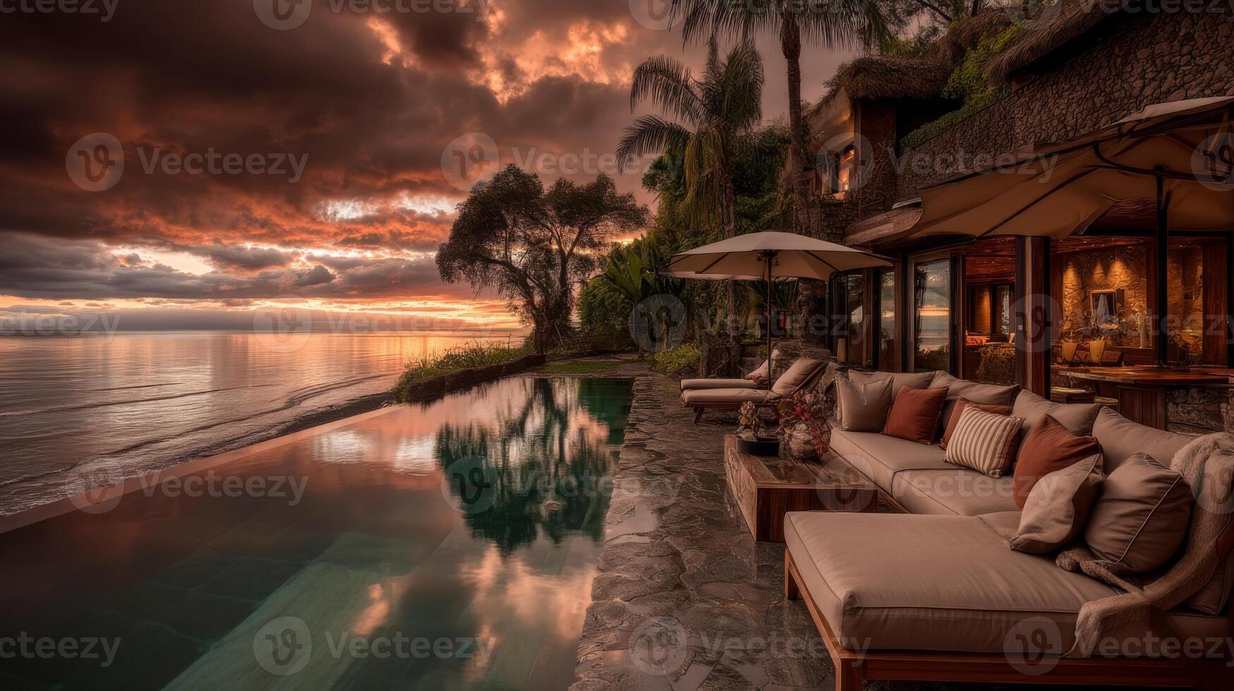 Serene Sunset at Luxury Villa with Stunning View of Ocean and Pool Surrounded by Lush Greenery and Comfortable Loungers photo