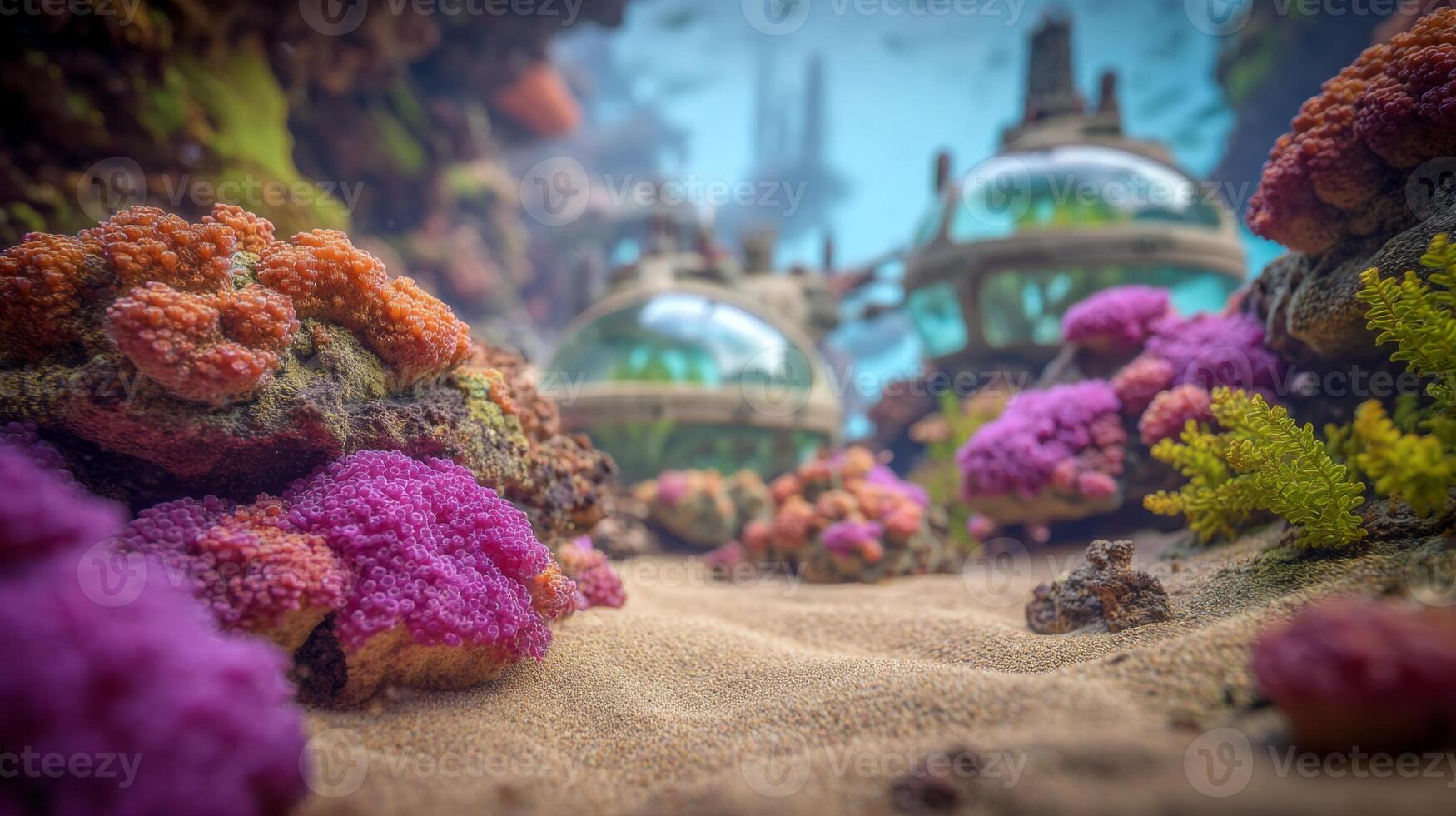 Colorful Coral Reef with Futuristic Habitat Structures Underwater in a Vibrant Marine Environment photo