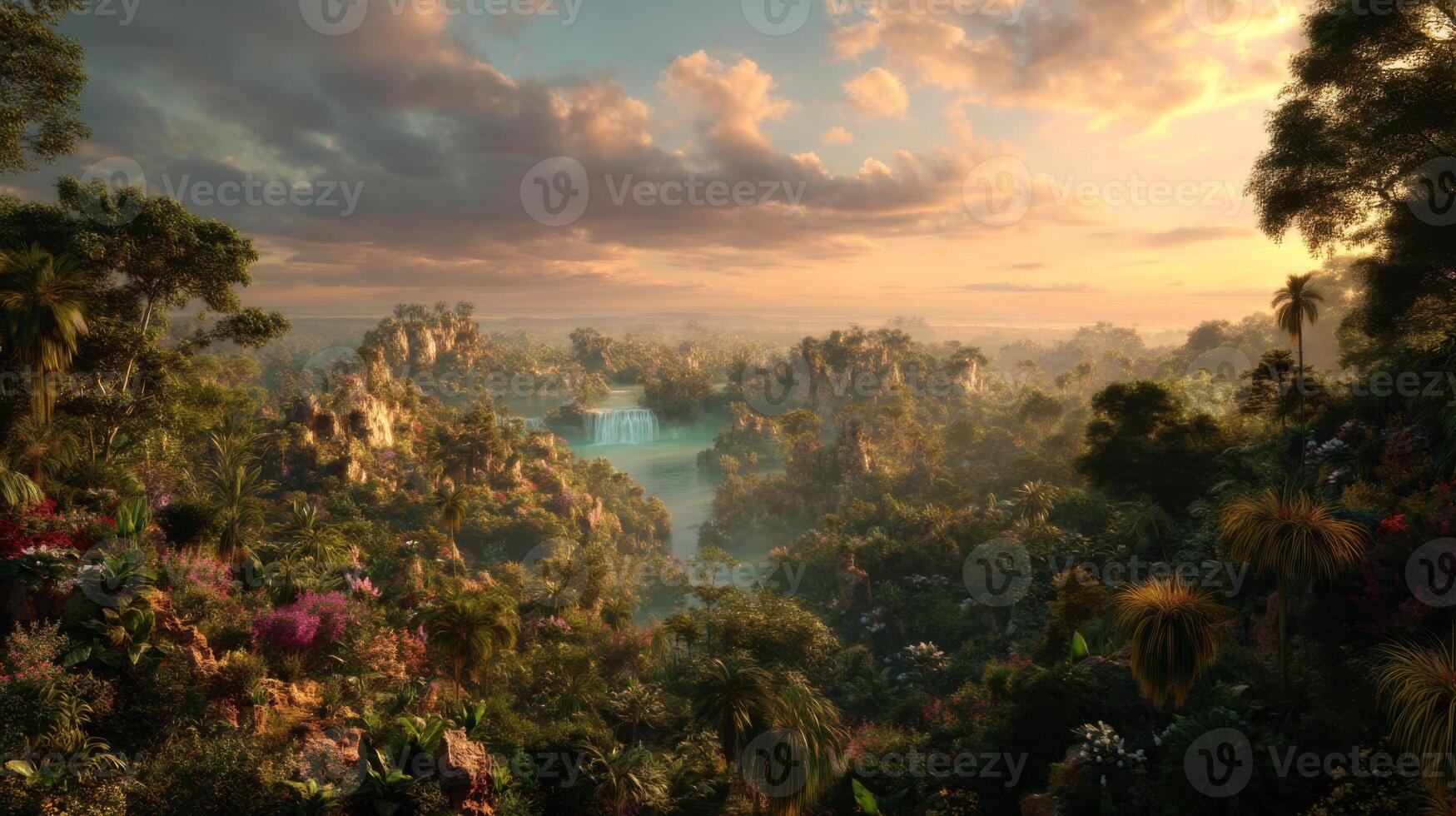 Lush Tropical Landscape with Waterfall and Vibrant Flora Beneath a Colorful Sky at Sunset photo