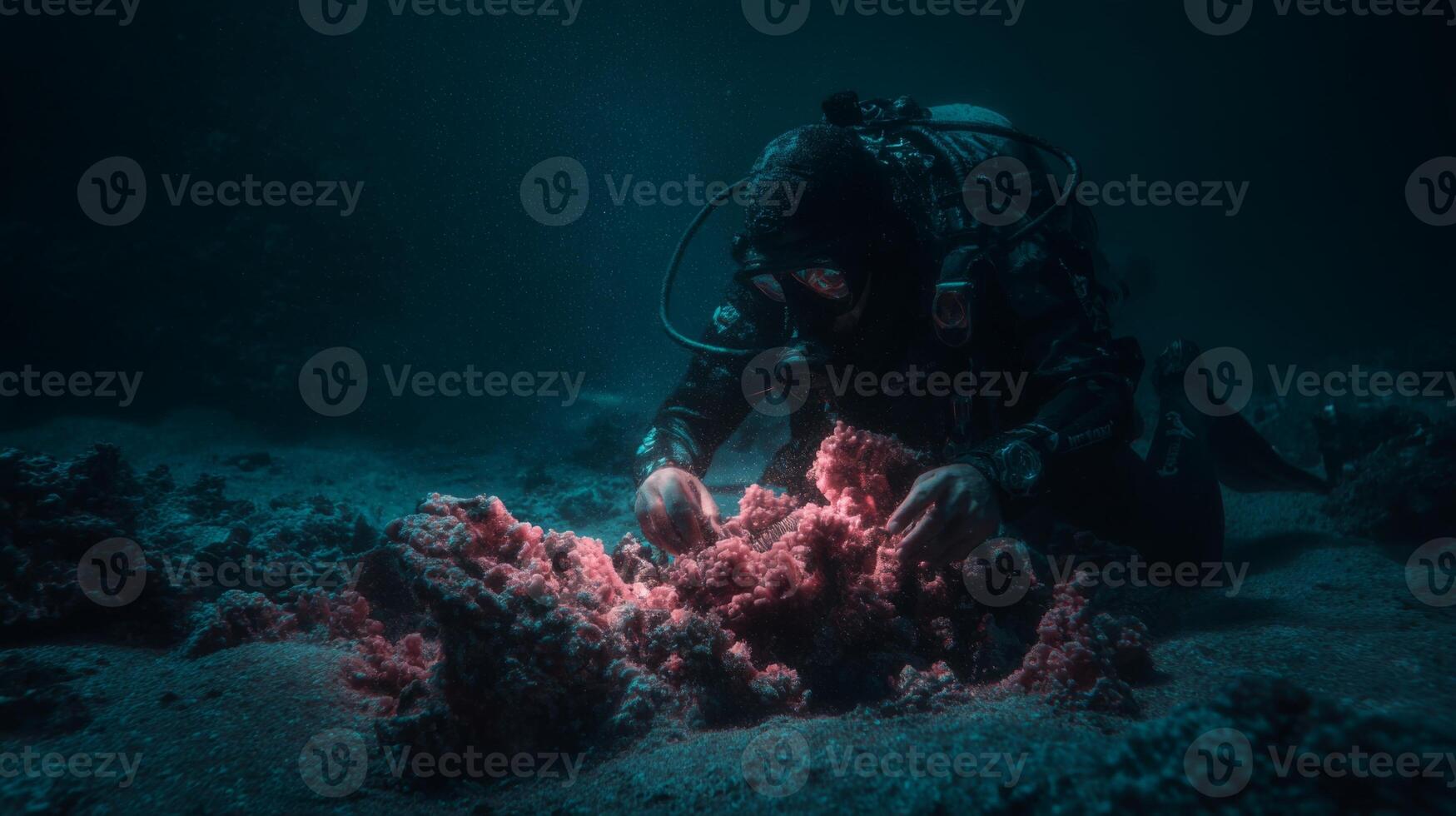 Deep Sea Diver Examines Vibrant Coral Reef in Mysterious Underwater Environment with Soft Light and Textures photo