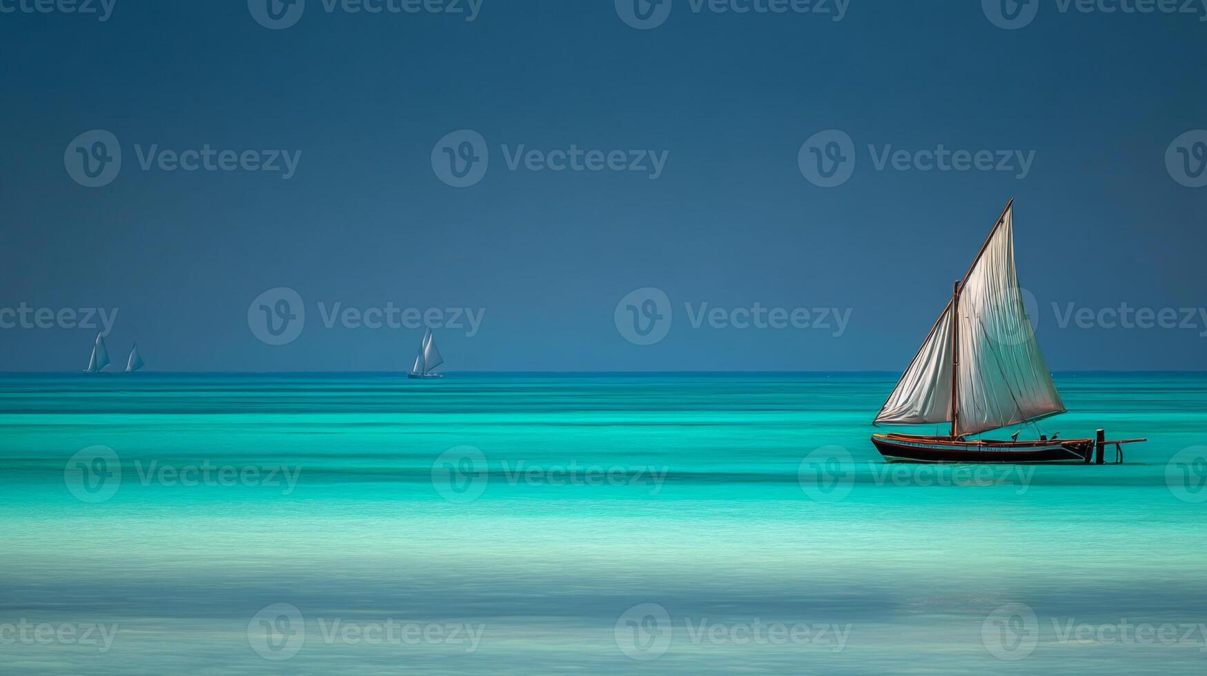 Tranquil Seascape with a Single Sailing Boat Against a Calm Azure Ocean Under a Clear Sky photo