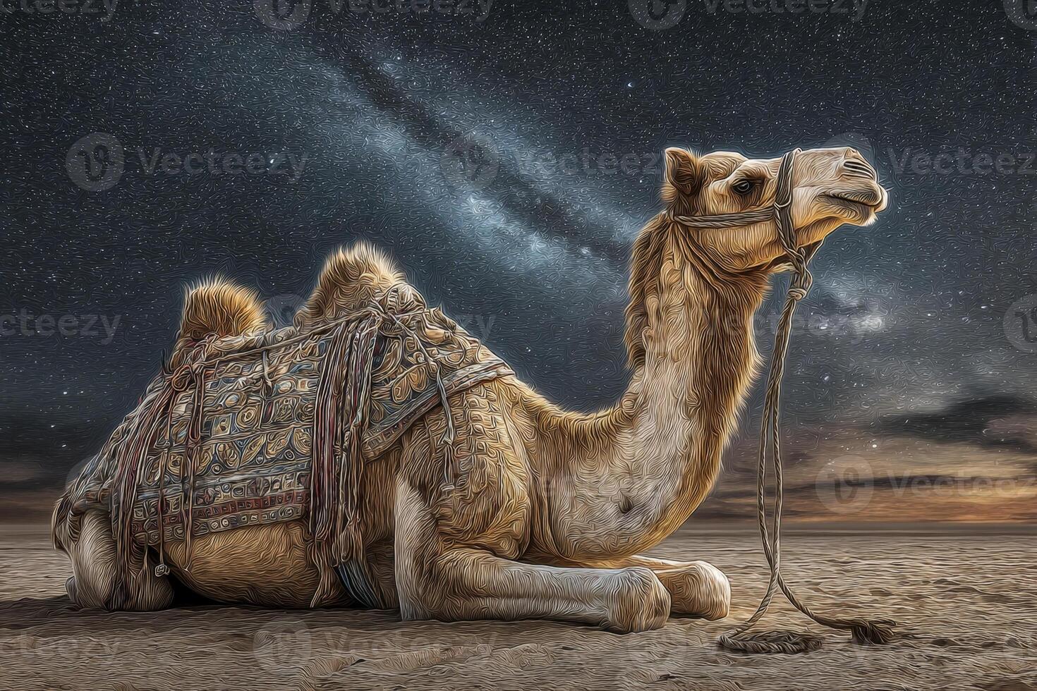 Majestic camel resting under a starry sky in a vast desert landscape, showcasing nature's beauty and tranquility at night photo