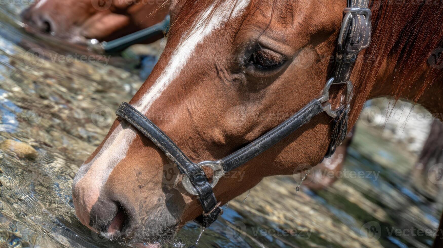 Close-Up of a Brown Horse Drinking Water from a Clear Stream in a Natural Environment on a Sunny Day photo