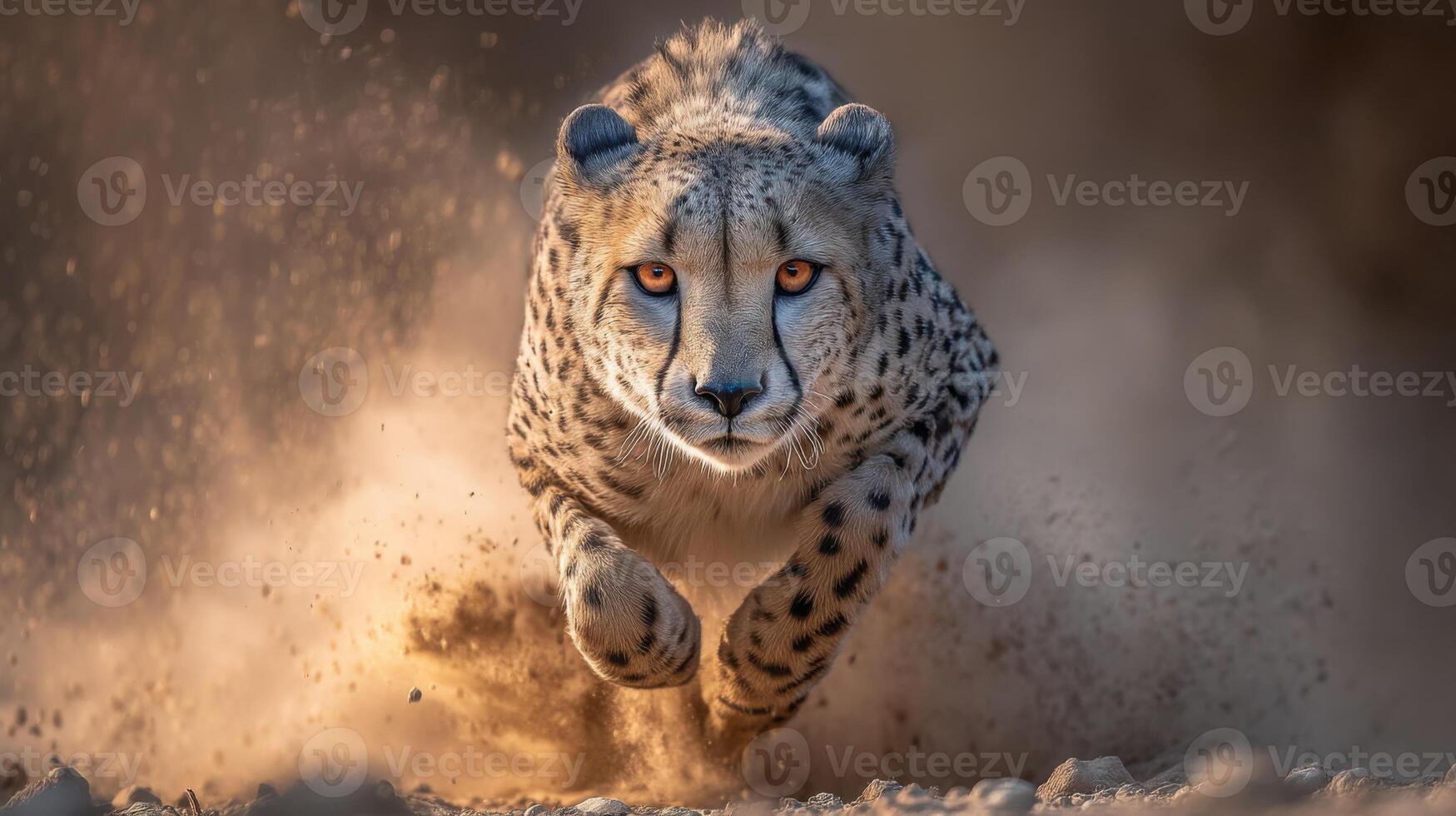 Cheetah Running at Full Speed Through Dusty Environment with Intense Gaze and Lush Background photo