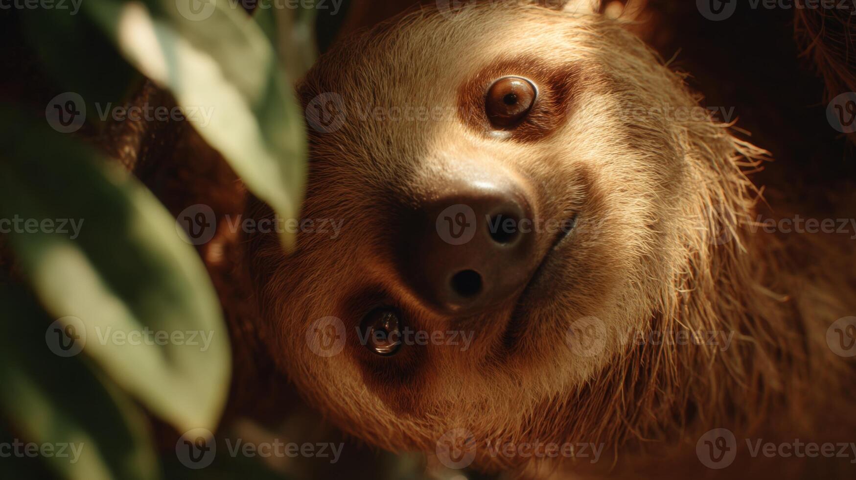 Close-Up of a Sloth Face Among Green Leaves in a Tropical Forest with a Gentle Expression and Unique Features photo
