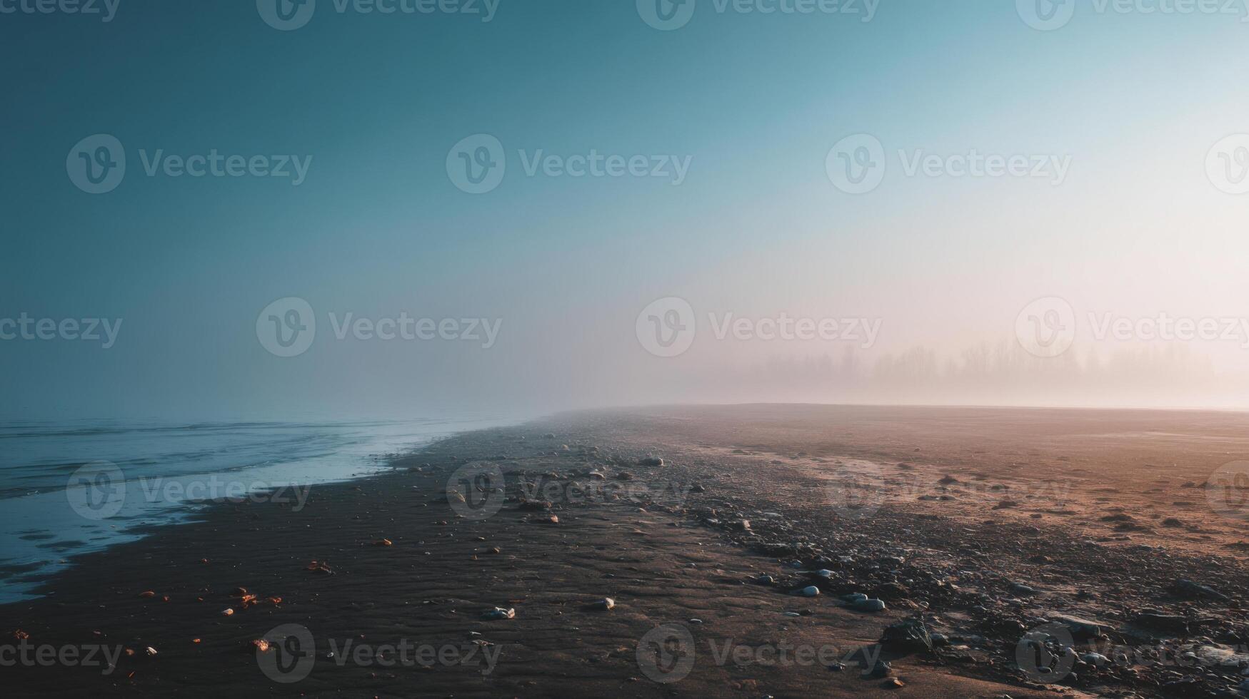 Serene Beach Landscape with Misty Horizon and Gentle Waves at Dawn, Capturing Nature's Tranquility and Beauty photo