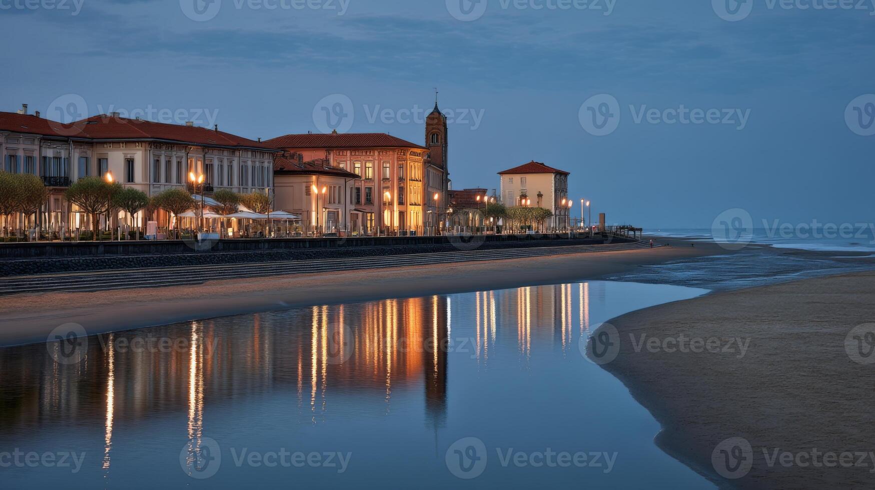 Serene Coastal Town at Dusk with Reflections on Water and Charming Buildings Illuminated by Soft Lights photo