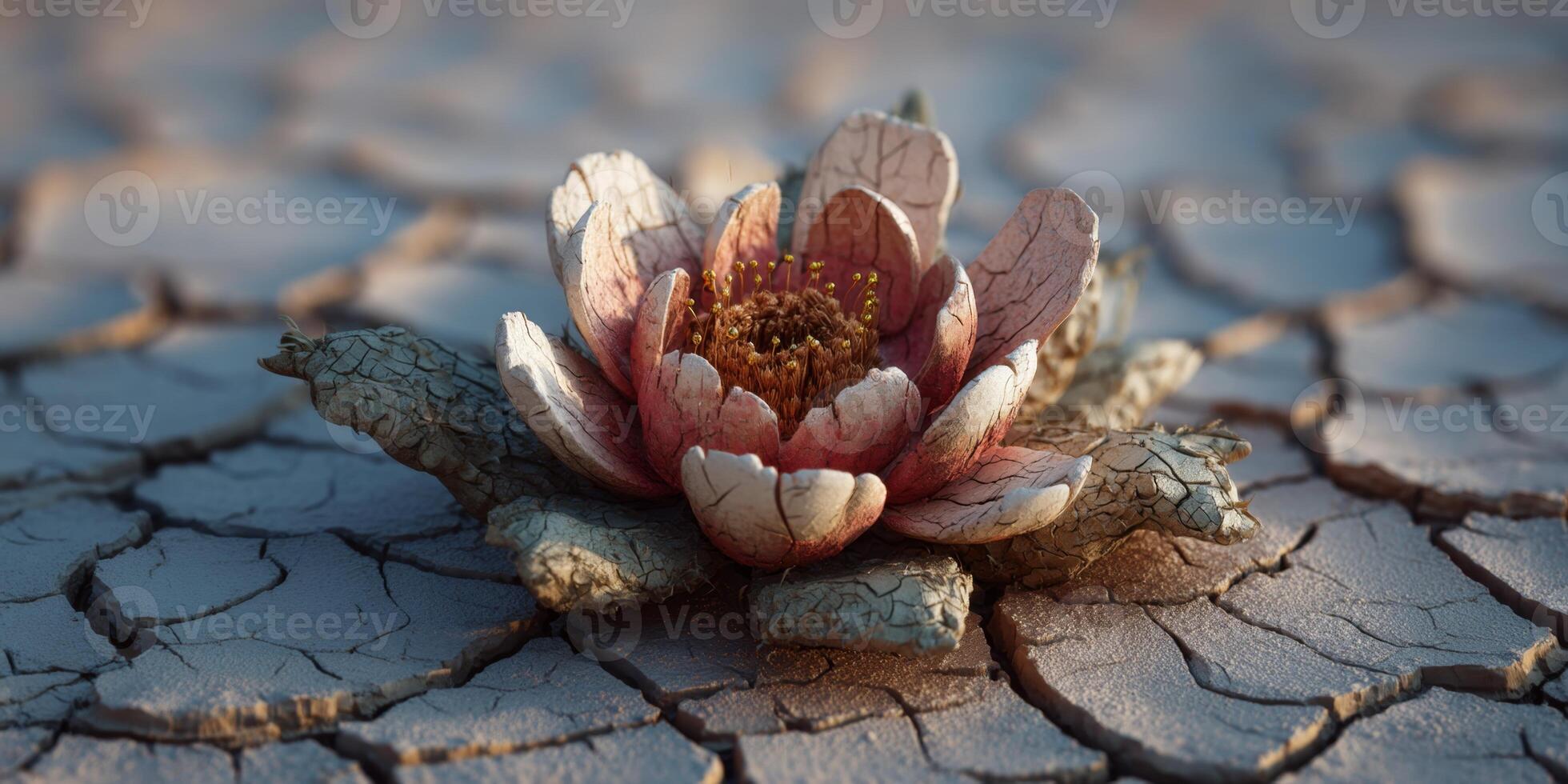 Delicate Water Lily Blooming on Dry Cracked Earth Surfaces, Symbolizing Resilience and Beauty in Harsh Environments photo