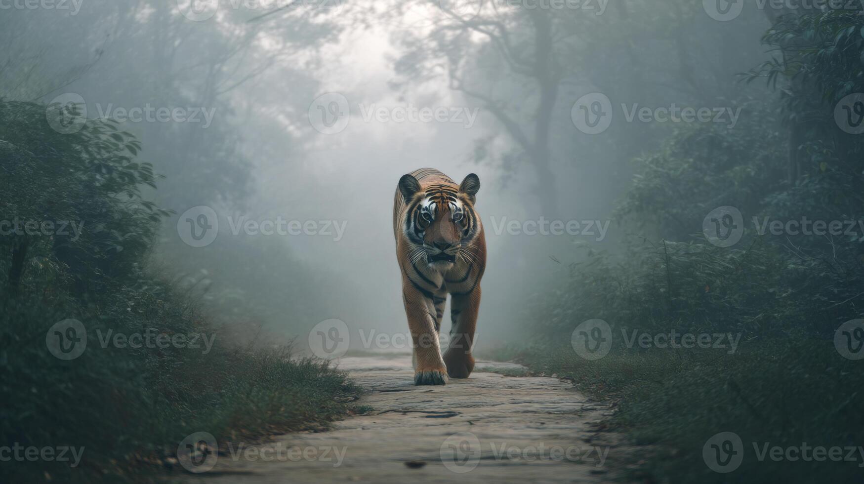 Majestic tiger walking through misty forest path, showcasing beauty and power amidst serene natural landscape photo