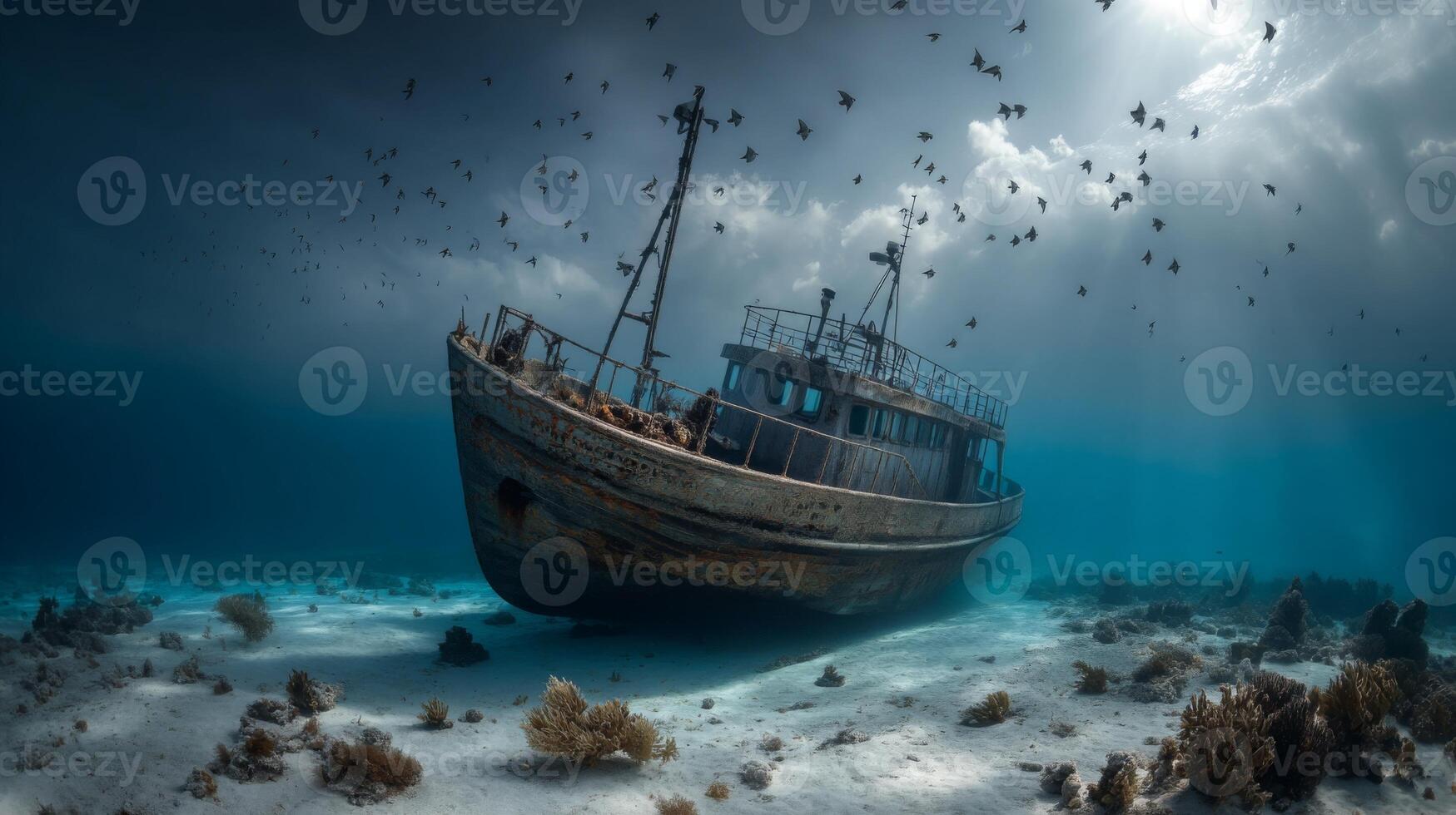 Abandoned Shipwreck Underwater Surrounded by Schools of Fish and Marine Life in a Deep Blue Ocean Environment photo