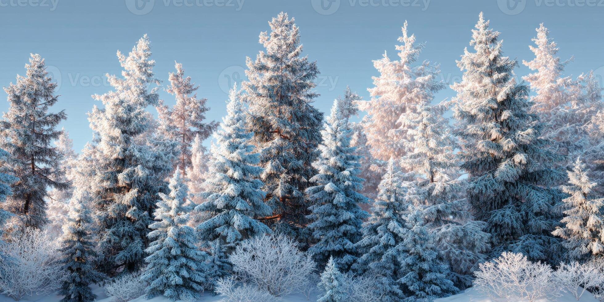 Winter Wonderland with Snow-Covered Pine Trees and Frosted Landscape under Bright Blue Sky in Serene Nature Setting photo