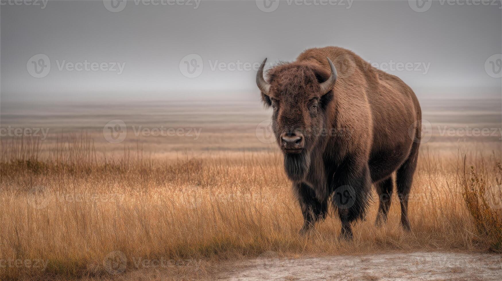 Majestic Bison Stands Alone in Misty Prairie Landscape Surrounded by Golden Grasses at Sunrise in a Calm Environment photo