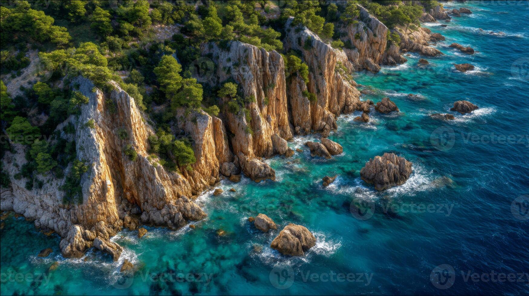 Serene Rocky Coastline with Turquoise Waters and Lush Green Pines in Bright Sunshine photo