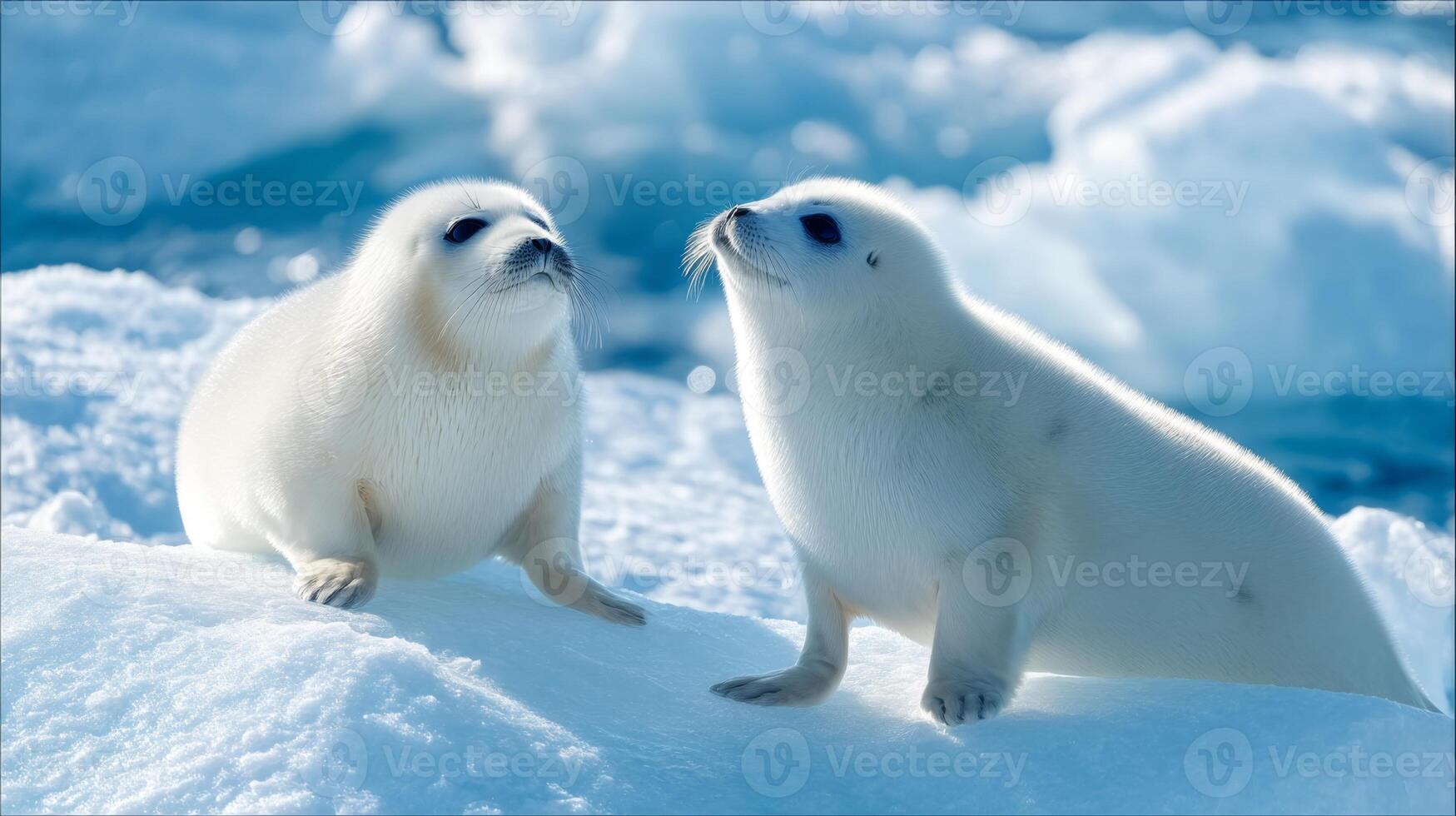 Two Cute White Seals on Ice in Arctic Landscape Under Bright Blue Sky and Snowy Background near Frozen Ocean Water photo