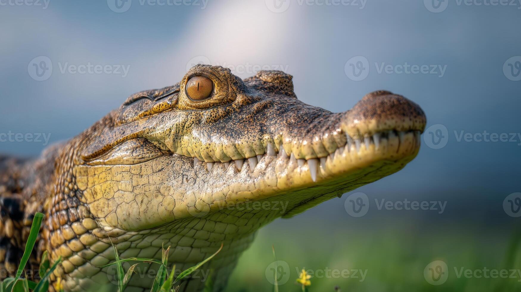 Close-up View of a Crocodile Featuring Its Detailed Textured Skin and Sharp Teeth Against a Soft Blurred Background photo