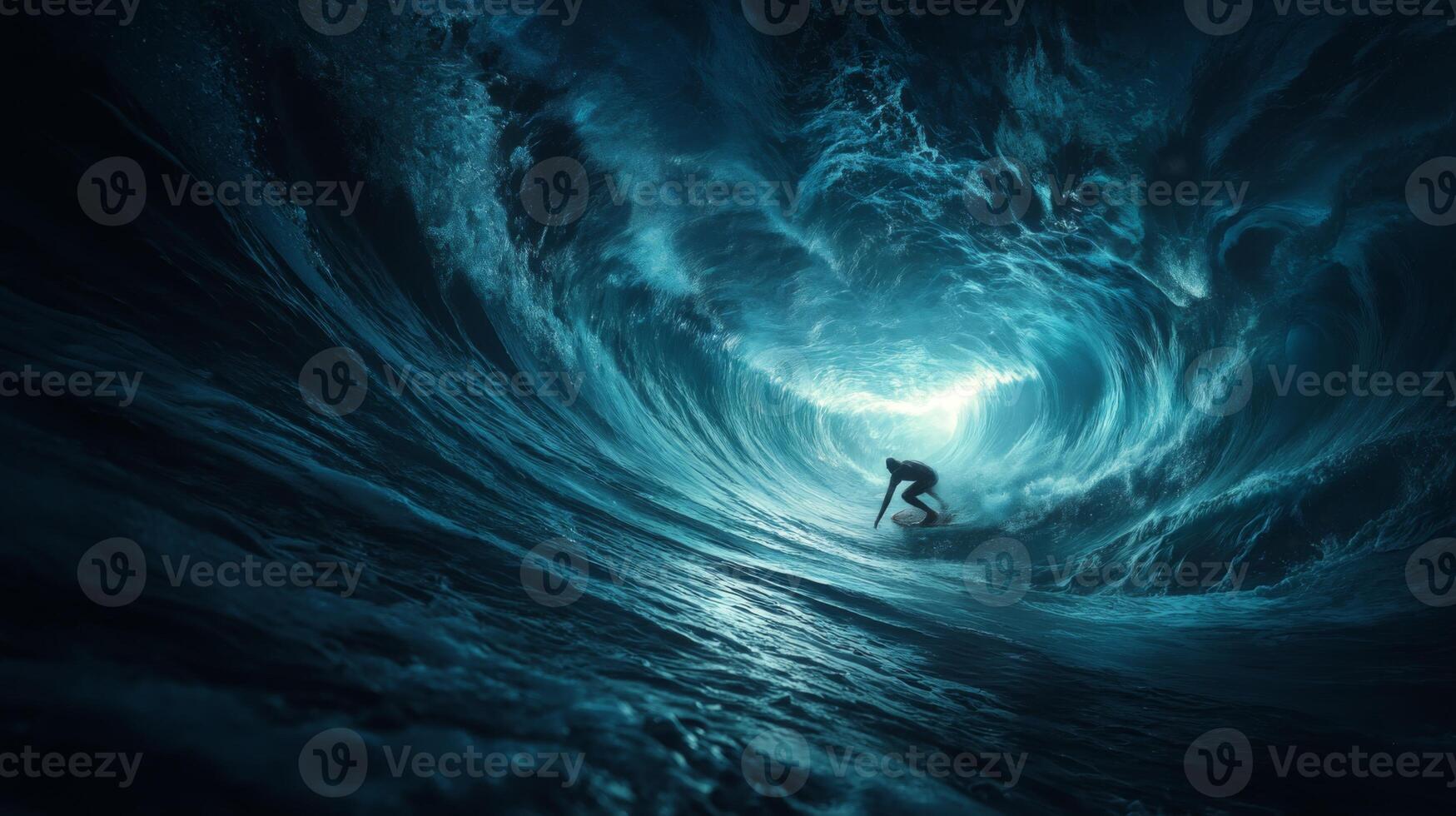 Surfer Riding Inside a Gorgeous Ocean Wave with Dynamic Blue Light and Powerful Water Movement photo