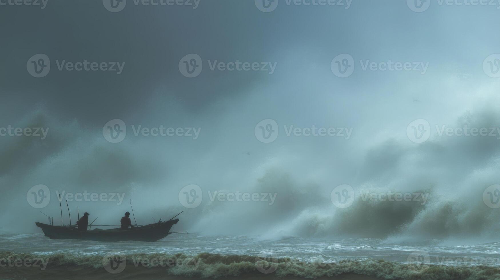 Two Fishermen on a Small Boat Navigating the Rough Waves of a Stormy Sea Under a Cloudy Sky photo