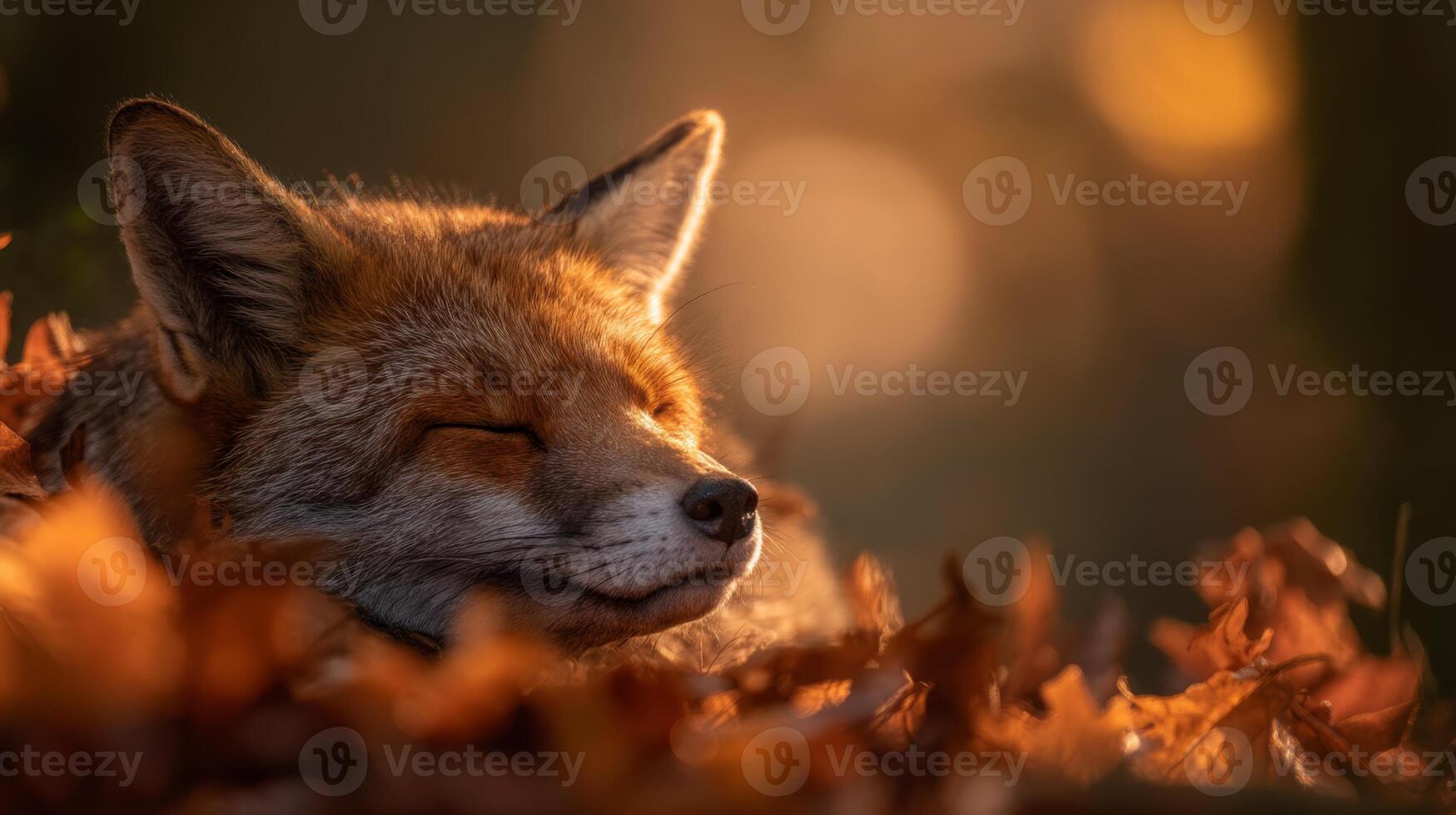 Close-Up of a Relaxed Fox Resting in Autumn Leaves with a Soft, Golden Glow in the Background photo