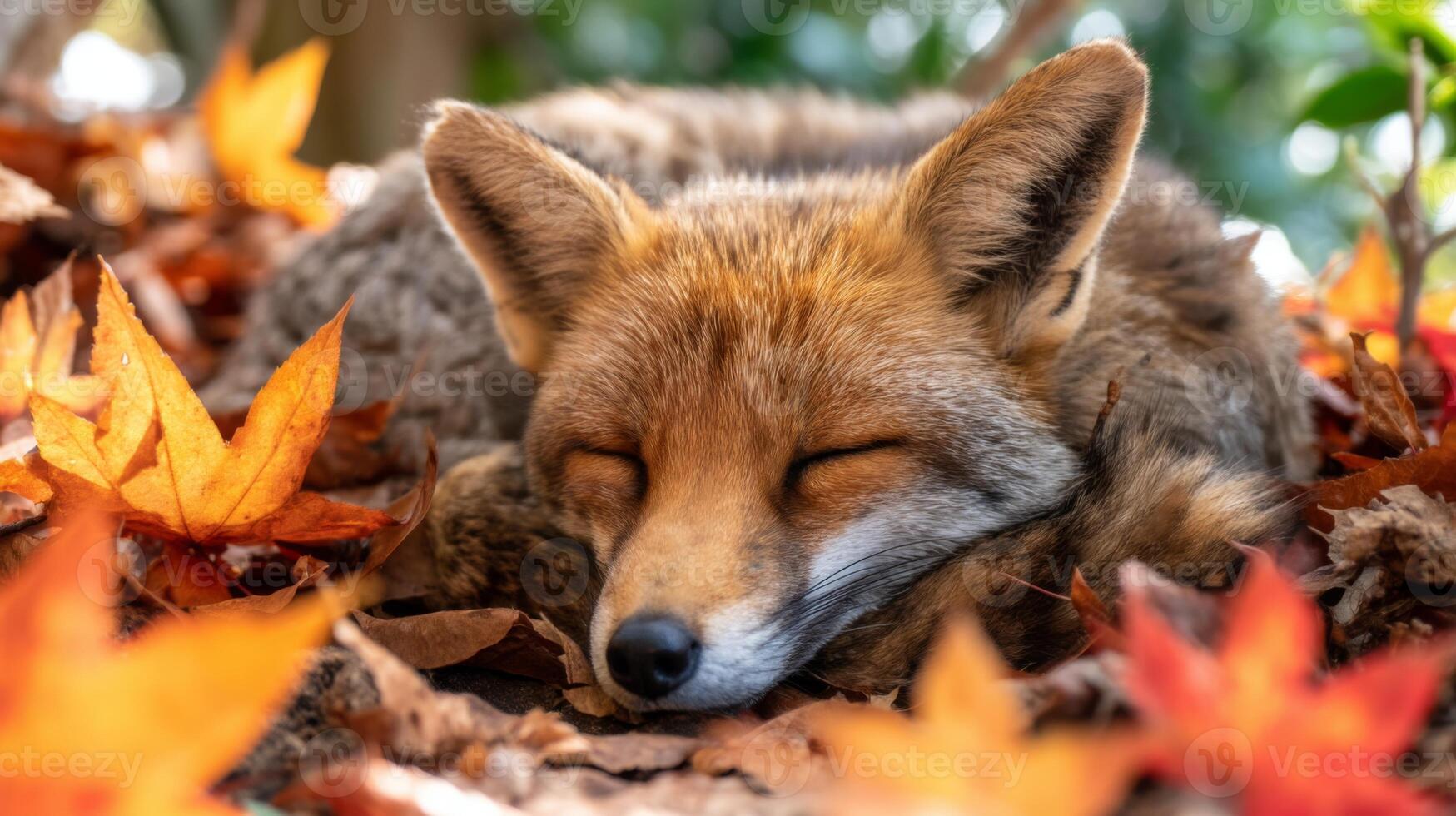 Sleeping Fox in Autumn Leaves Surrounded by Vibrant Red and Orange Foliage Capturing Tranquility in Nature's Splendor photo