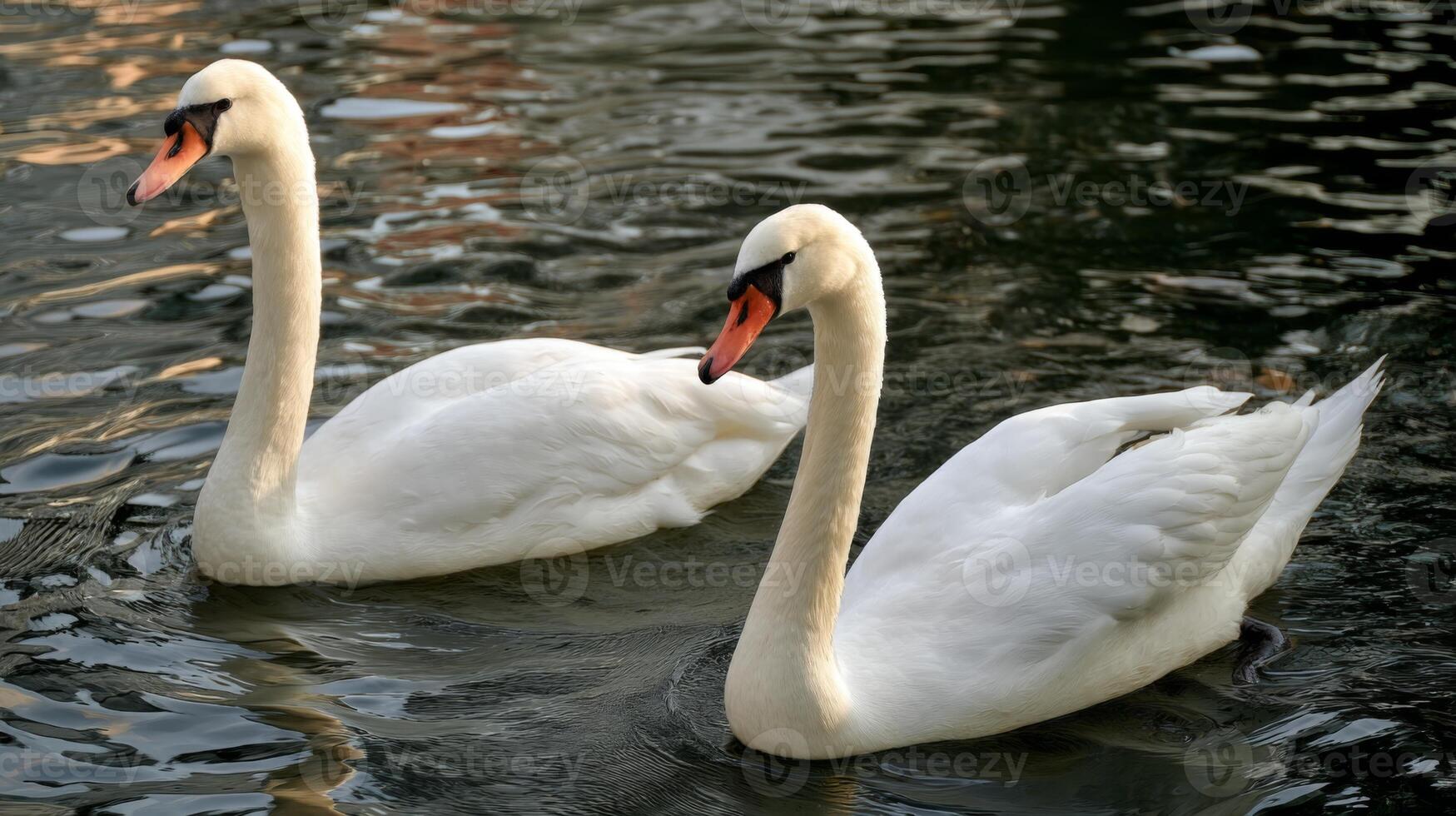 Graceful swans gliding serenely on a tranquil lake surface surrounded by rippling water reflections in soft natural light photo