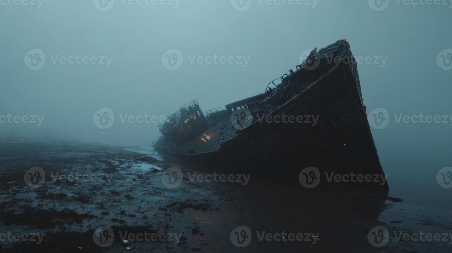 Abandoned Shipwreck in Misty Fog at Low Tide Reflecting Moonlight on Water Surface in a Haunting Coastal Landscape photo