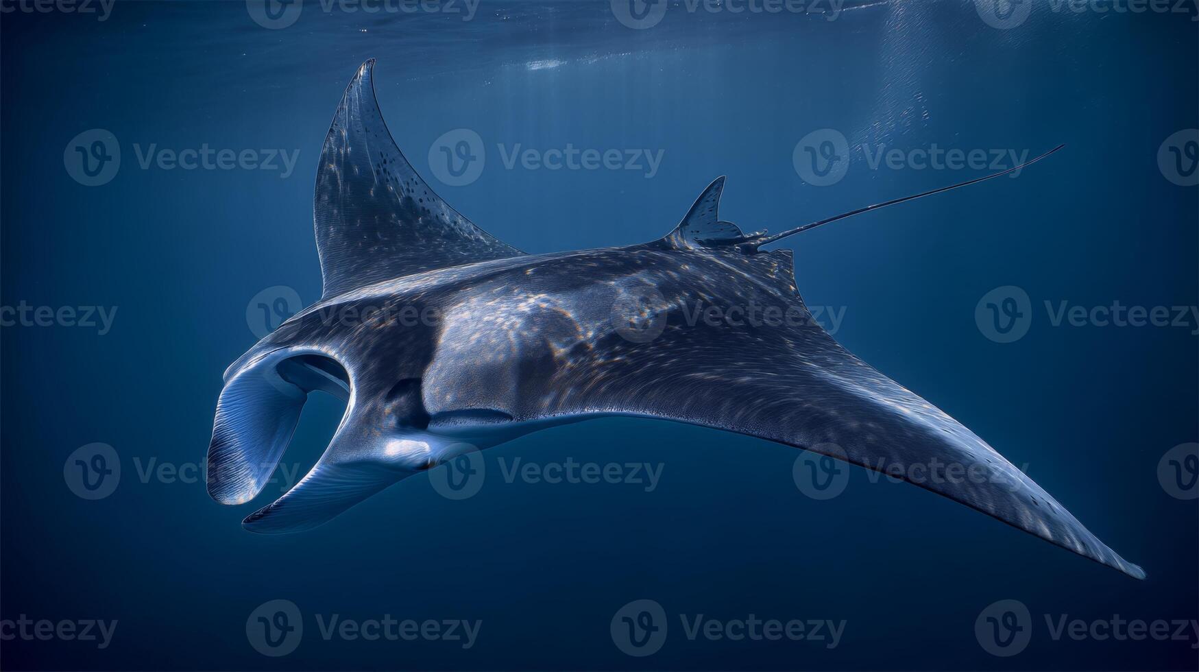 Majestic manta ray gracefully gliding through the ocean depths showcasing its unique features and magnificent wingspan photo