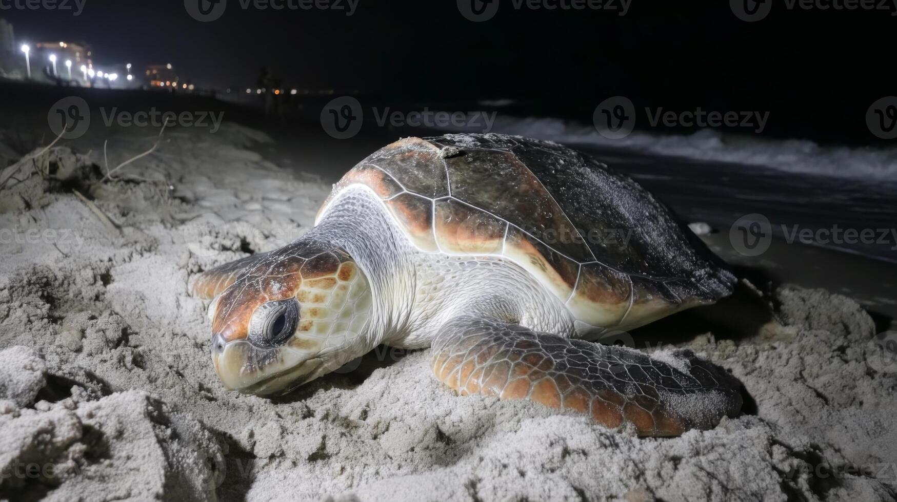 Sea turtle resting on sandy beach at night with ocean waves and distant lights in the background creating a serene atmosphere photo