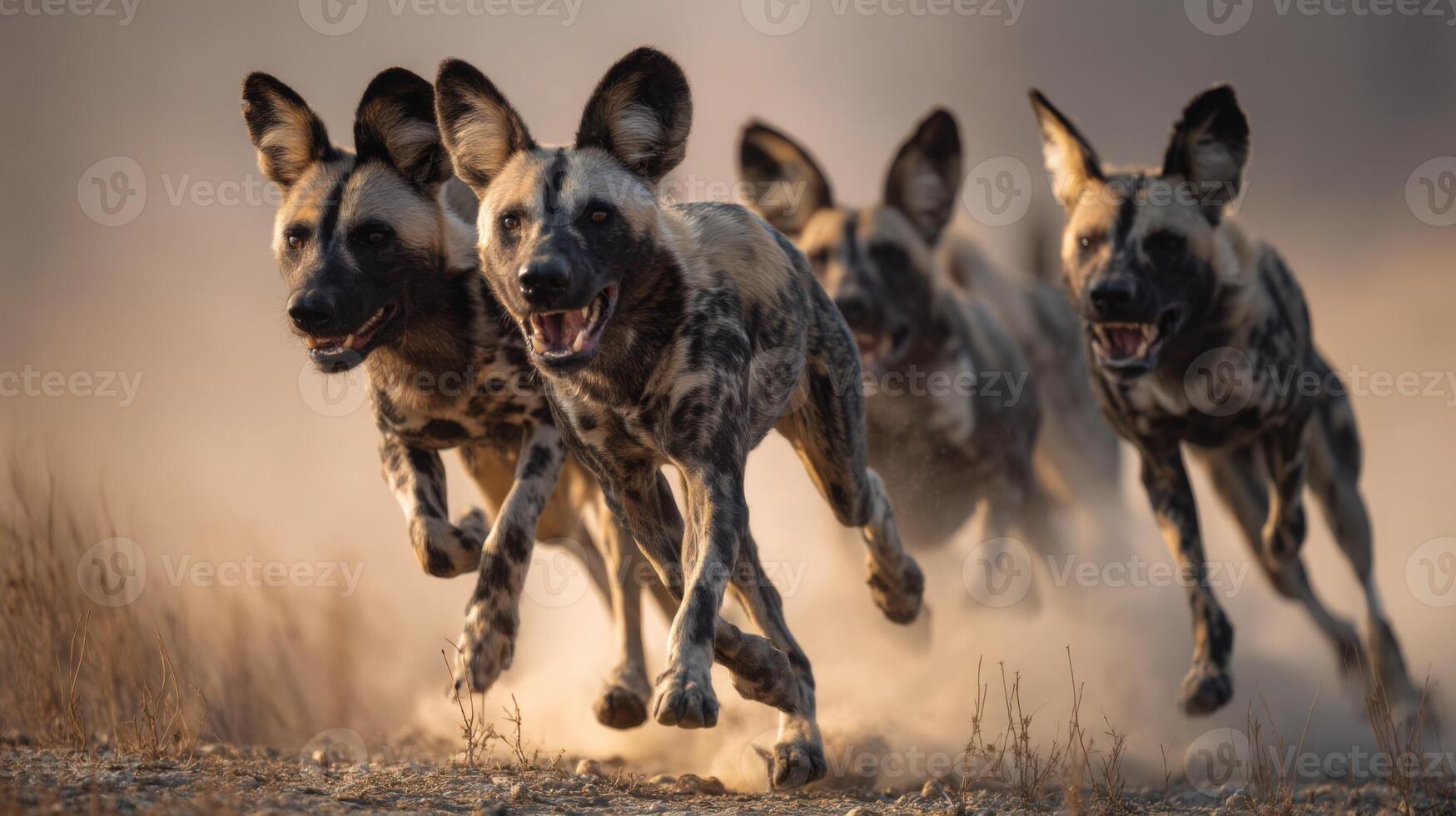 Four Wild Dogs in Motion, Running Together Through Dusty Terrain with Eager Expressions and Focused Gazes in Natural Habitat photo