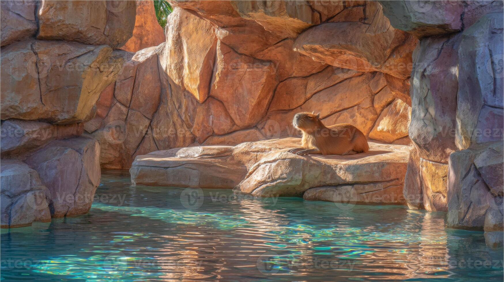 Capybara Relaxing on a Rock in a Tranquil Natural Environment with Water Features and Beautiful Rock Formations photo