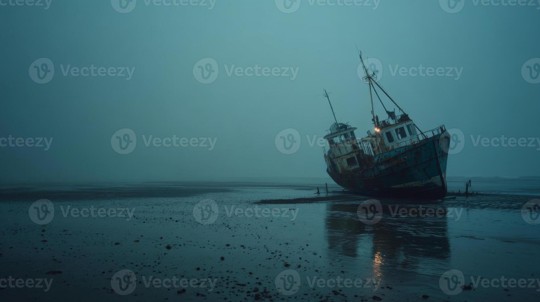 Rusty Shipwreck on a Foggy Shore with Calm Waters and Mysterious Atmosphere in Twilight Setting photo