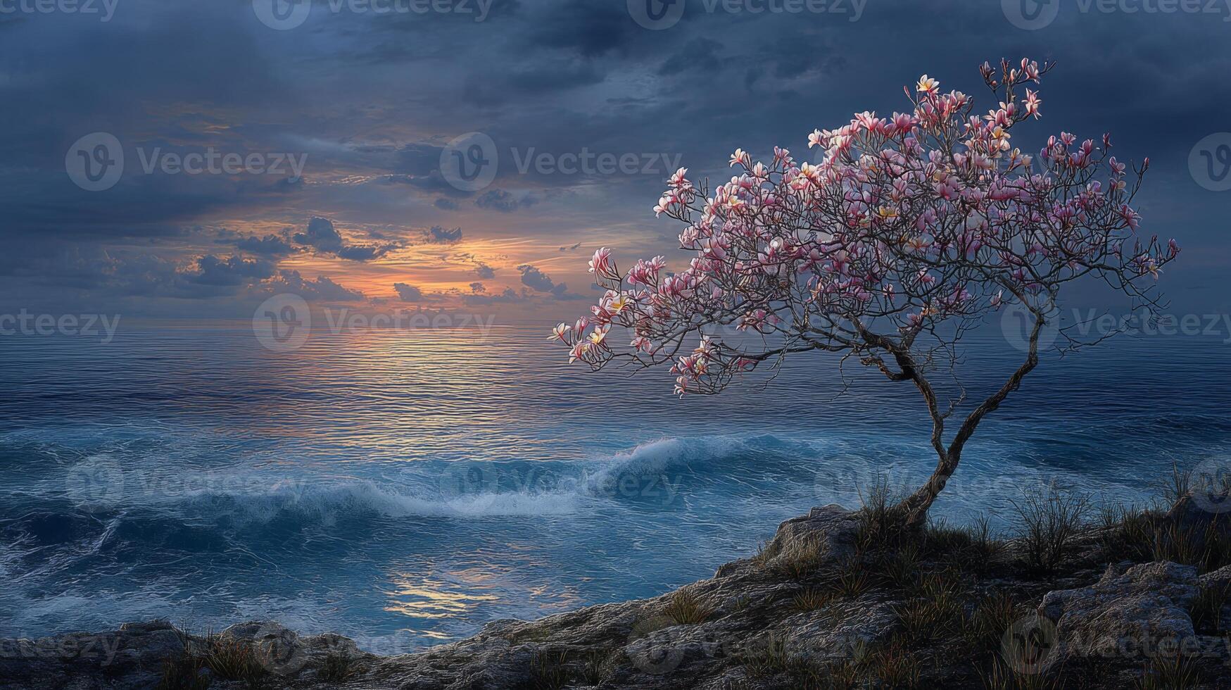 Serene Seascape with Pink Blossom Tree Against Dark Sky at Dusk, Gentle Waves Crashing on Rocky Shore, Tranquil Nature Scene photo