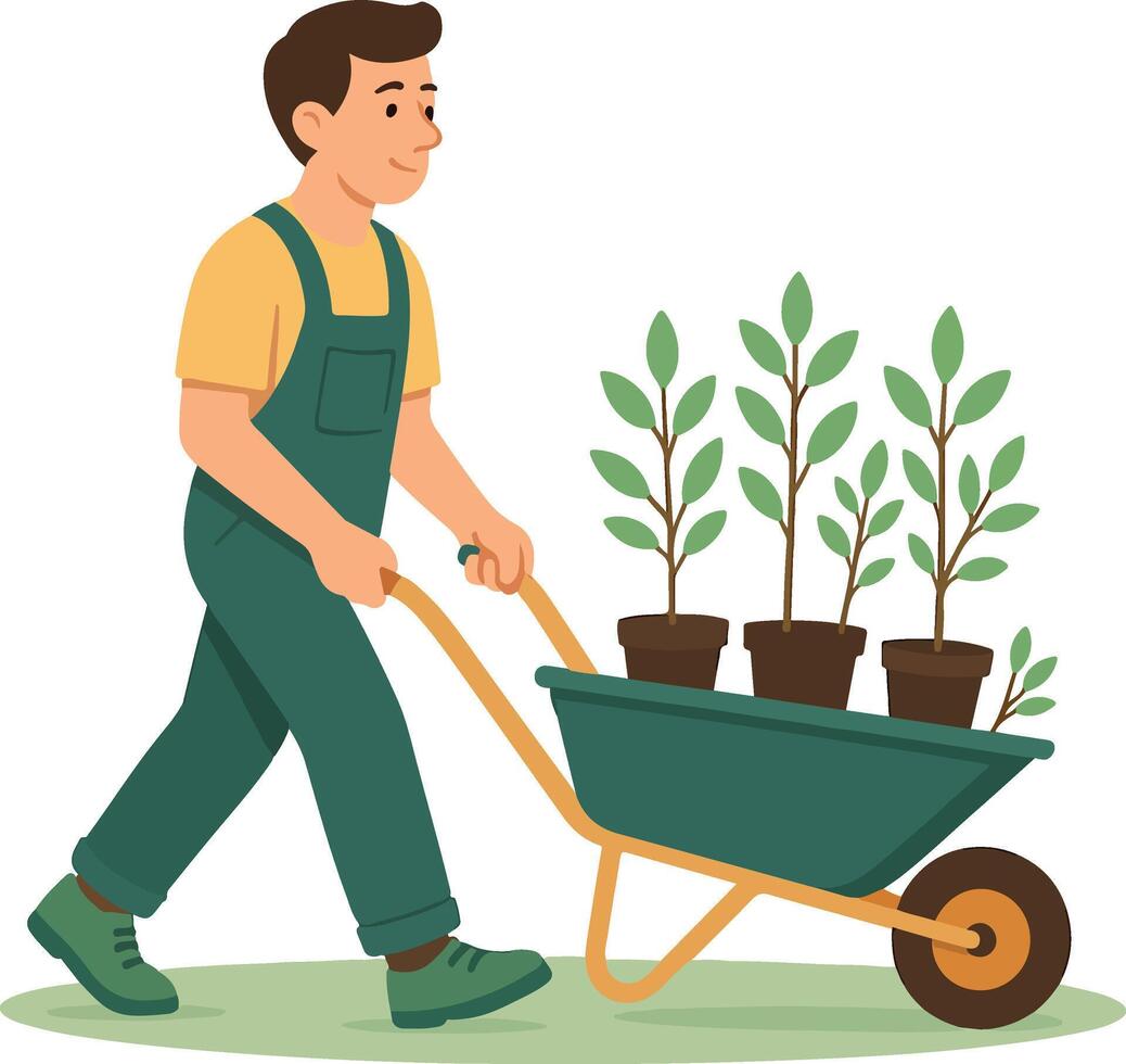 man with wheelbarrow and plants in pots environment illustration vector