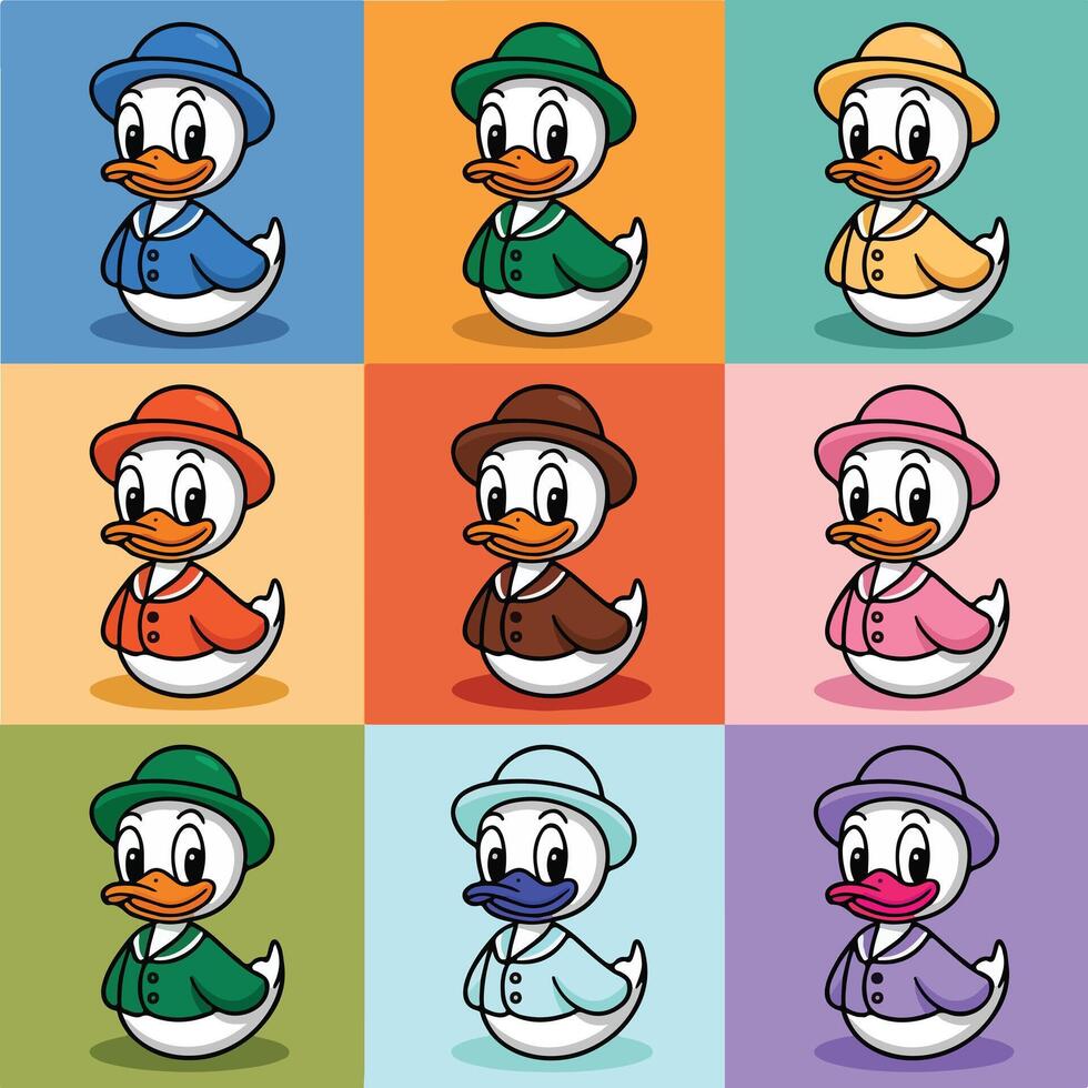 Cartoon Penguin Characters in Winter Outfits Cute stickers Set cartoon duck with different hats and colors vector