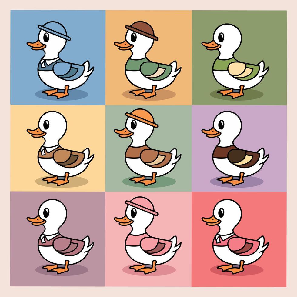 Cartoon Penguin Characters in Winter Outfits Cute stickers Set cartoon duck with different hats and clothes vector