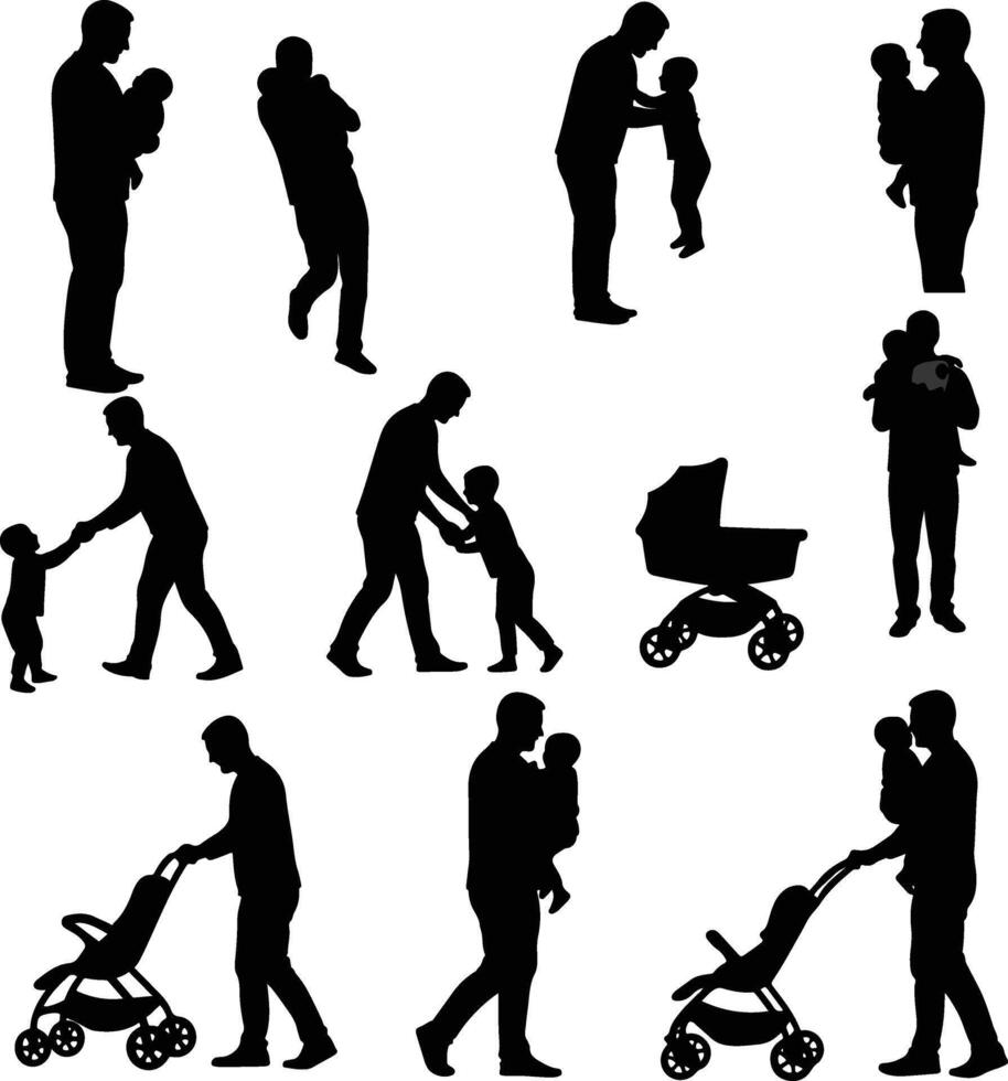 silhouettes of people with strollers and baby carriage vector