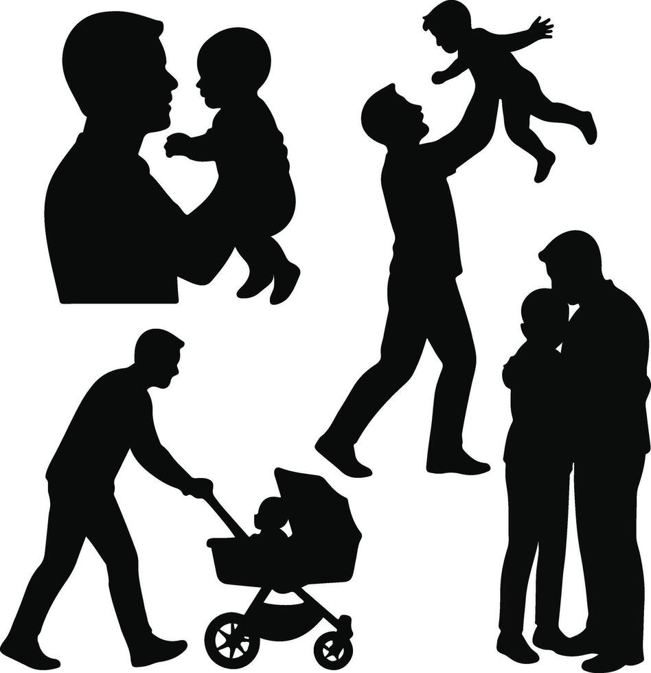 silhouettes of people with baby carriage and stroller vector