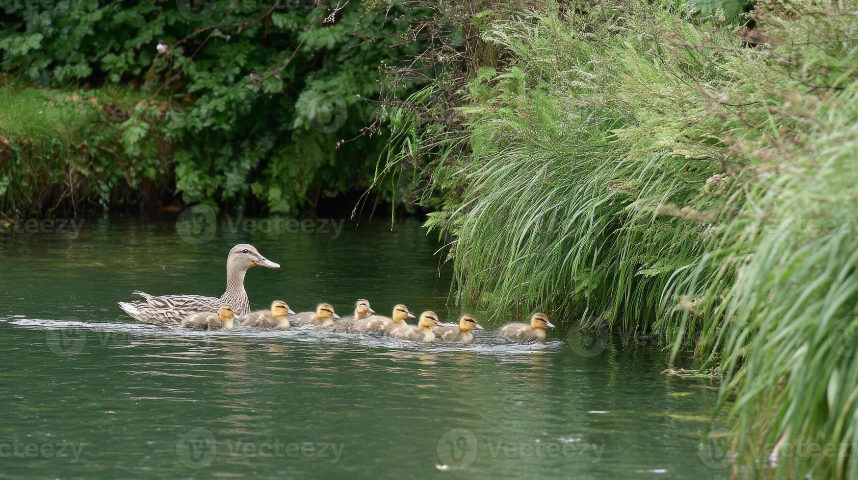 Mother duck leading her ducklings across calm water surrounded by lush green grass in a serene natural environment photo
