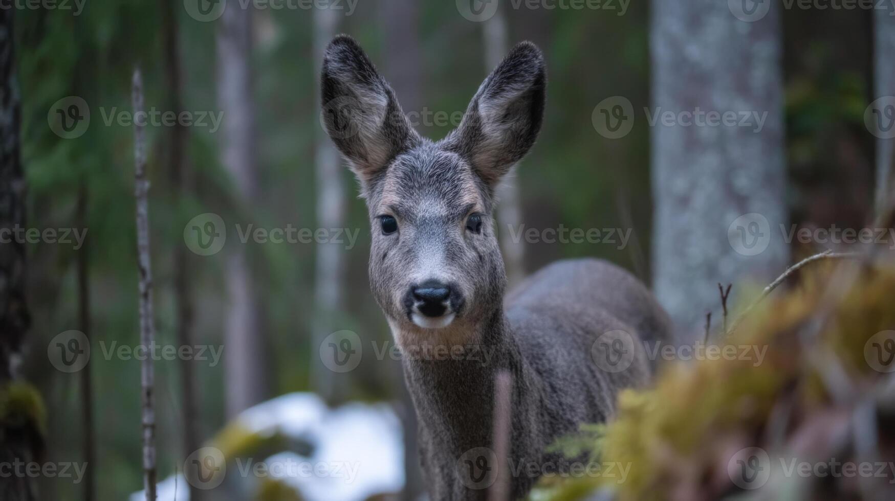 Close-Up of Young Deer Standing Among Trees in Forest with Soft Light and Natural Background for Wildlife Photography photo